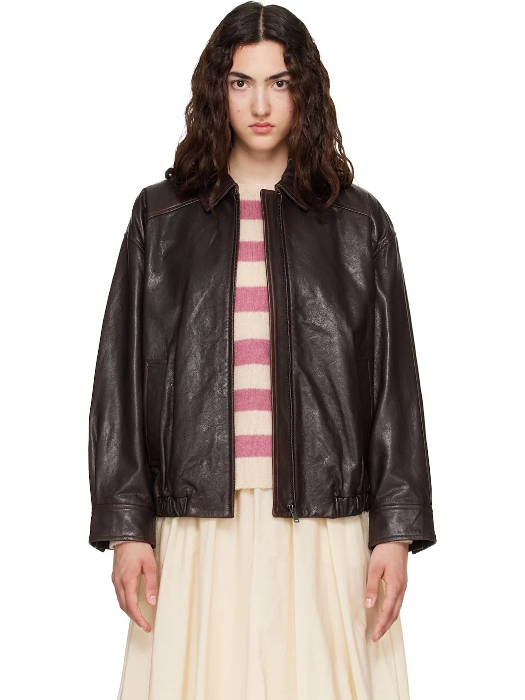 Brown Cose Leather Bomber Jacket - 1