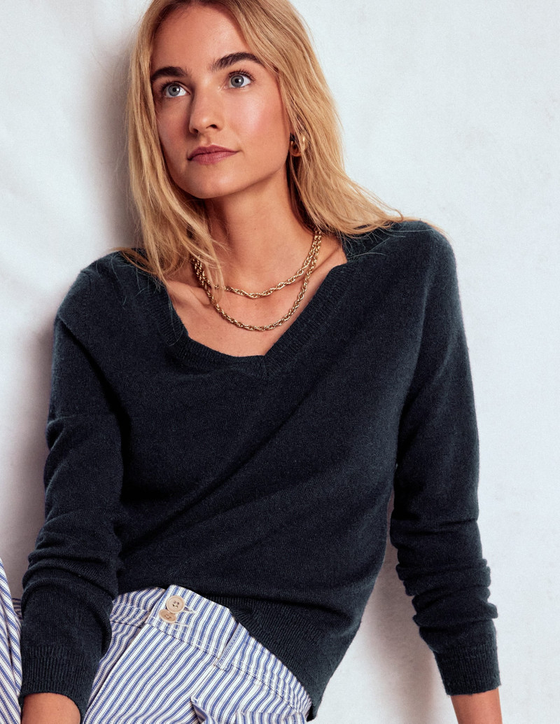 Eva Cashmere V-Neck Sweater-Navy 1