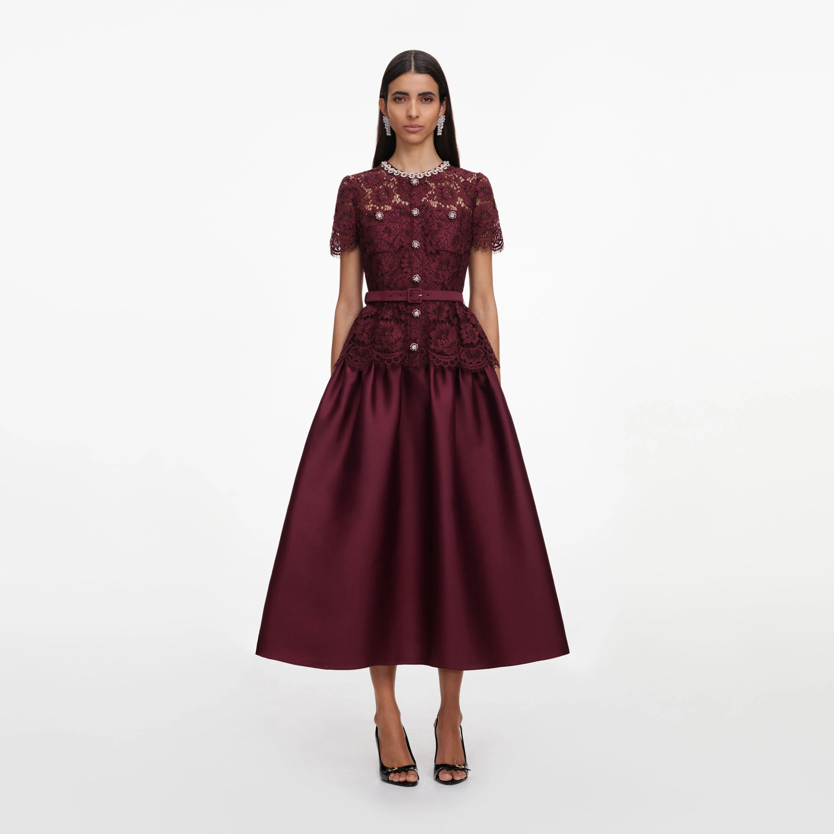 Burgundy Lace Taffeta Midi Dress - 1