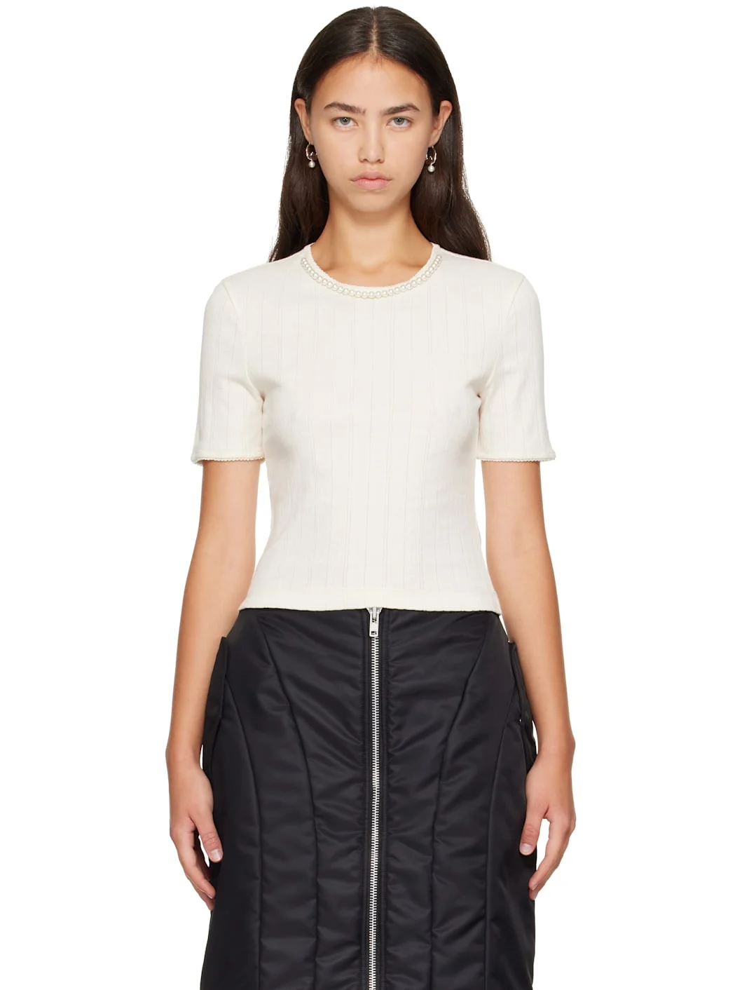 Off-White Embellished Cropped Pointelle T-shirt - 1