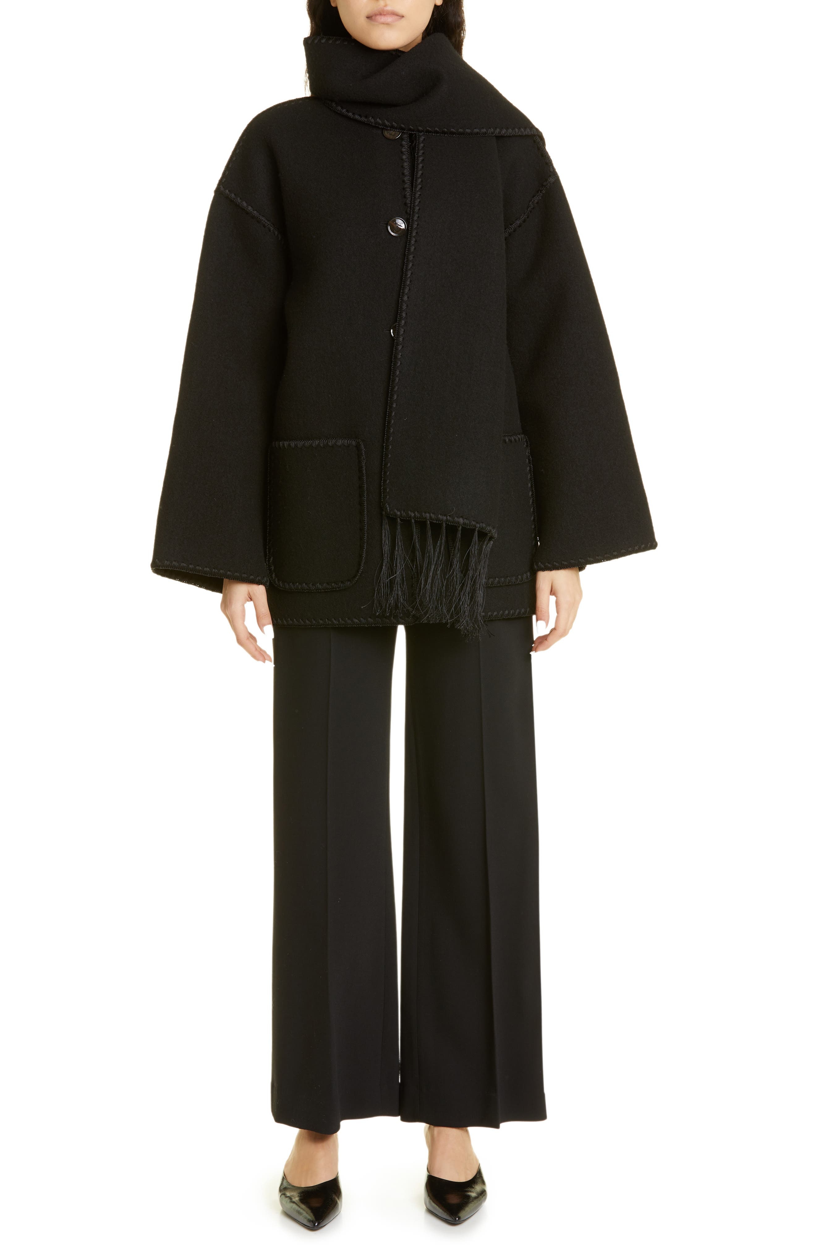 TOTEME Chain Stitch Wool Blend Scarf Jacket in Black at Nordstrom - 2