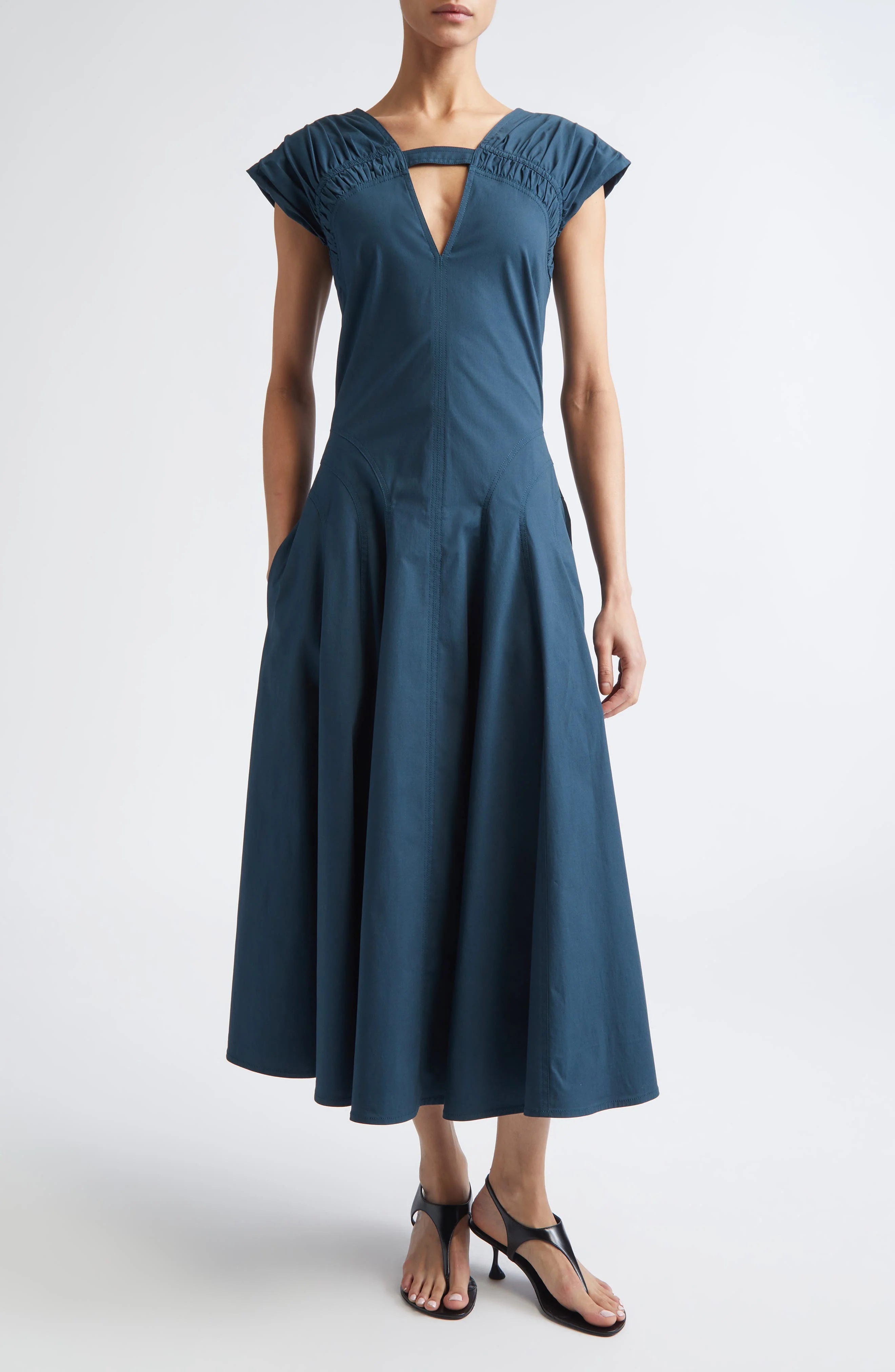 Proenza Schouler Manoela Ruched Cotton Stretch Poplin Dress in Dark Spruce at Nordstrom - 1