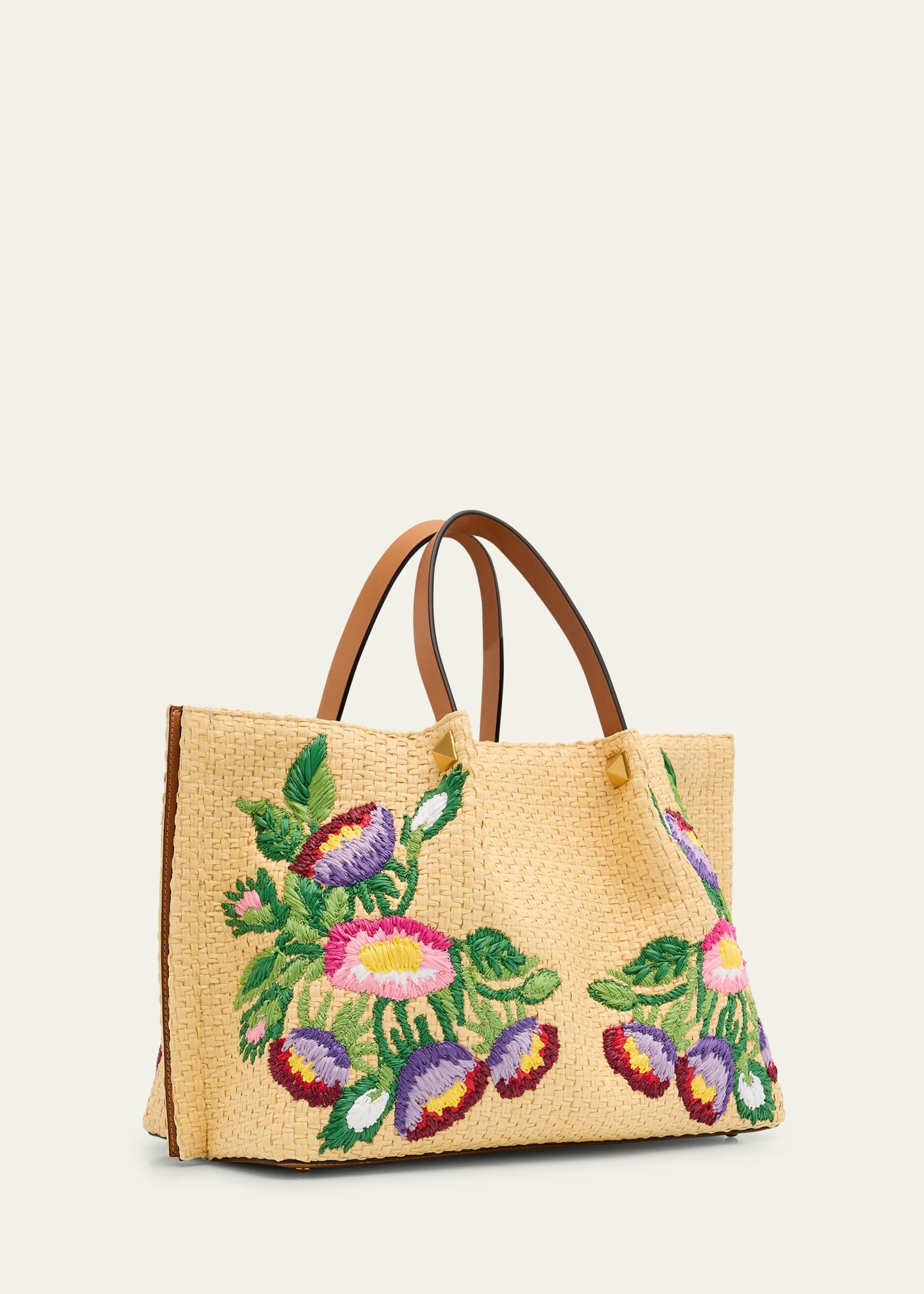 Floral Embroidered Raffia Medium Shopping Tote Bag - 3