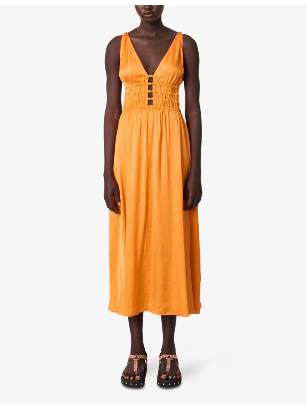 V-Neck Button-Waist Sleeveless Woven Midi Dress - 2
