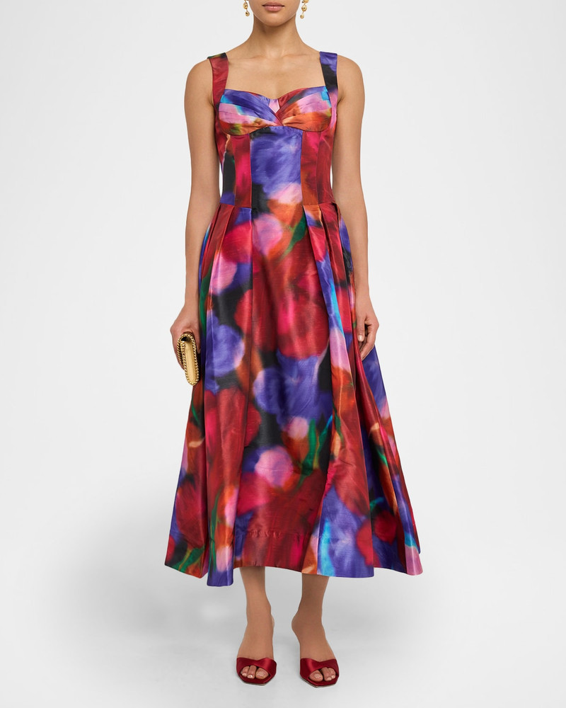 REBECCA VALLANCE Cabaret Roses Pleated Sweetheart Midi Dress outlook