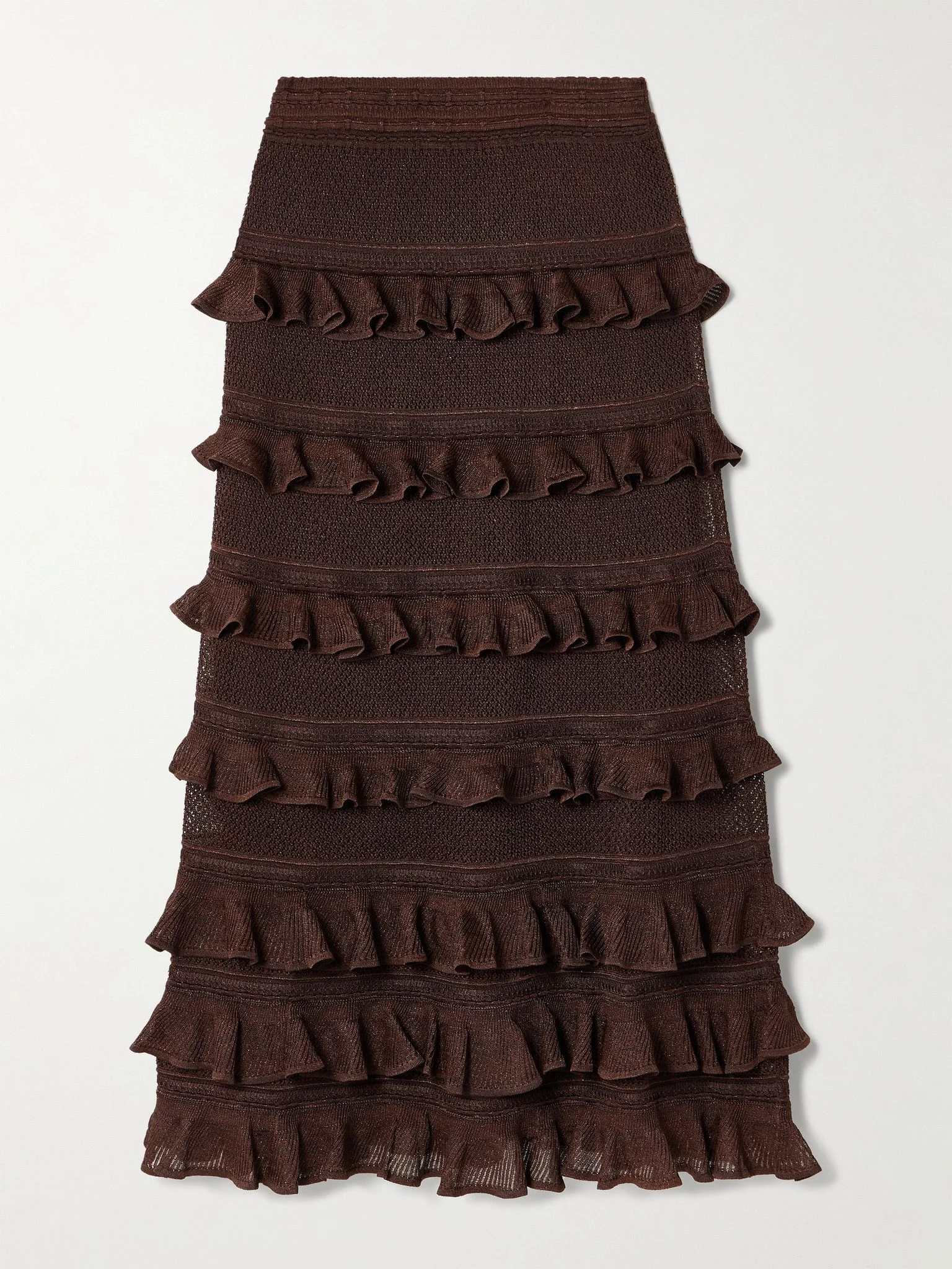 Metallic ruffled pointelle-knit maxi skirt Chocolate - 1