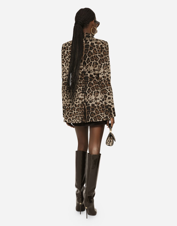 Double-breasted wool Turlington jacket with jacquard leopard design - 3