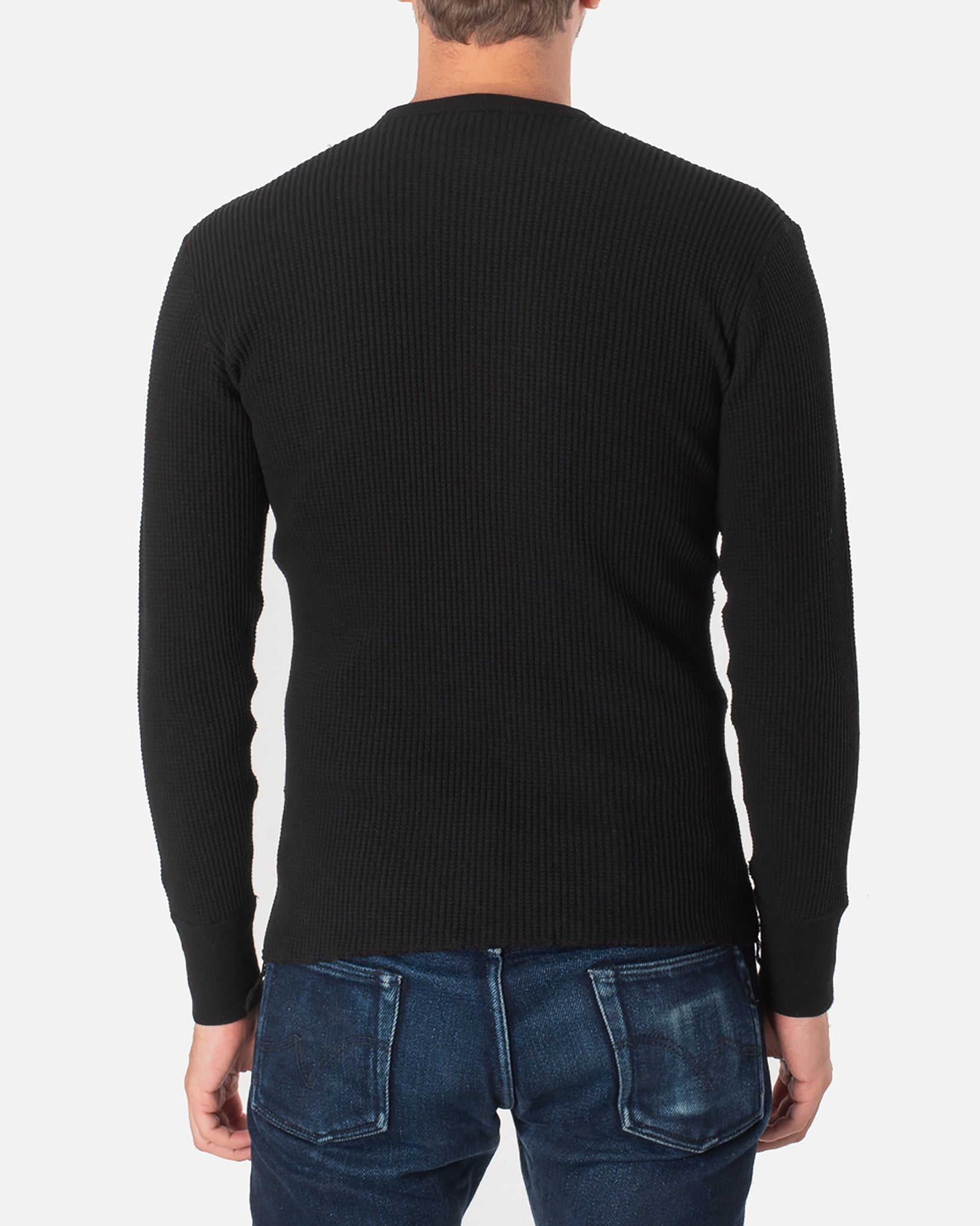 IHTL-1301-BLK Waffle Knit Long Sleeved Crew Neck Thermal Top - Black - 3