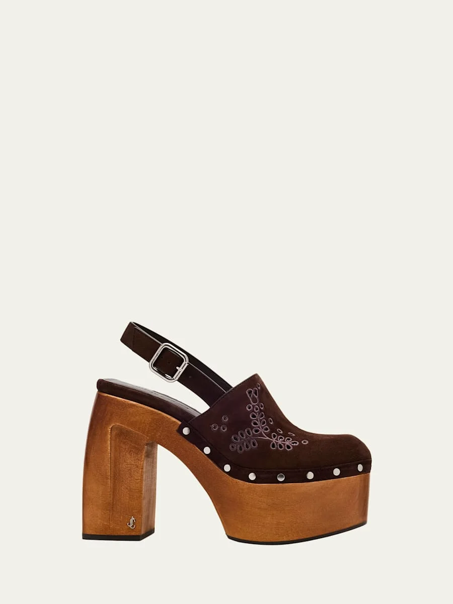 Alida Embroidered Suede Platform Clogs - 1