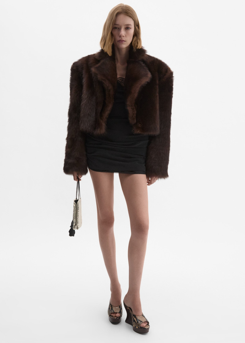 Cropped faux fur jacket in brown with embroidered lining 4