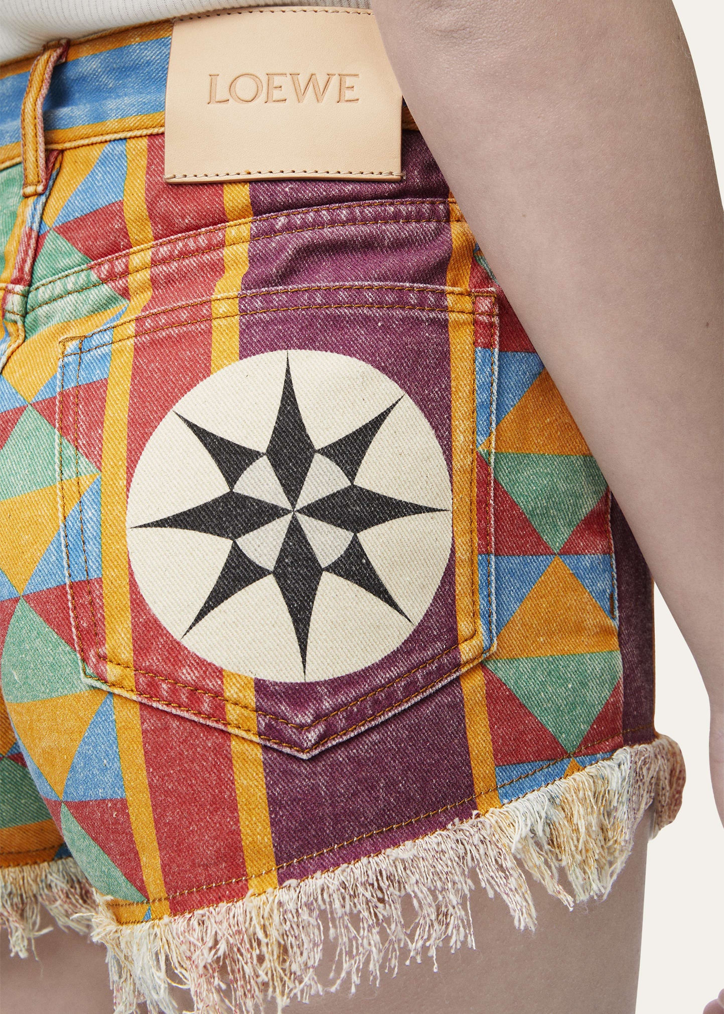 Geo Print Denim Frayed Peekaboo Shorts - 5
