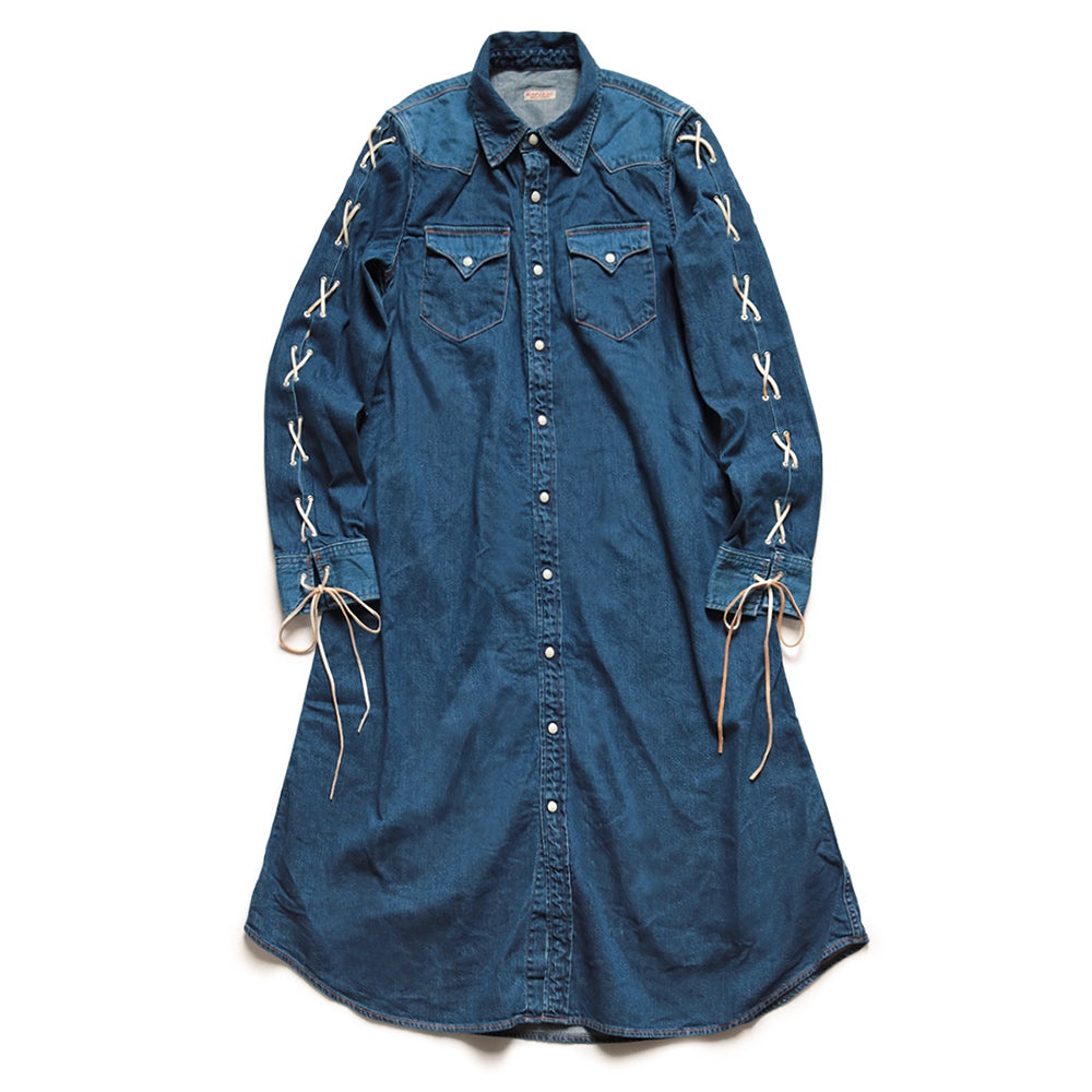 8oz DENIM LACE-UP WESTERN DRESS - INDIGO - 1