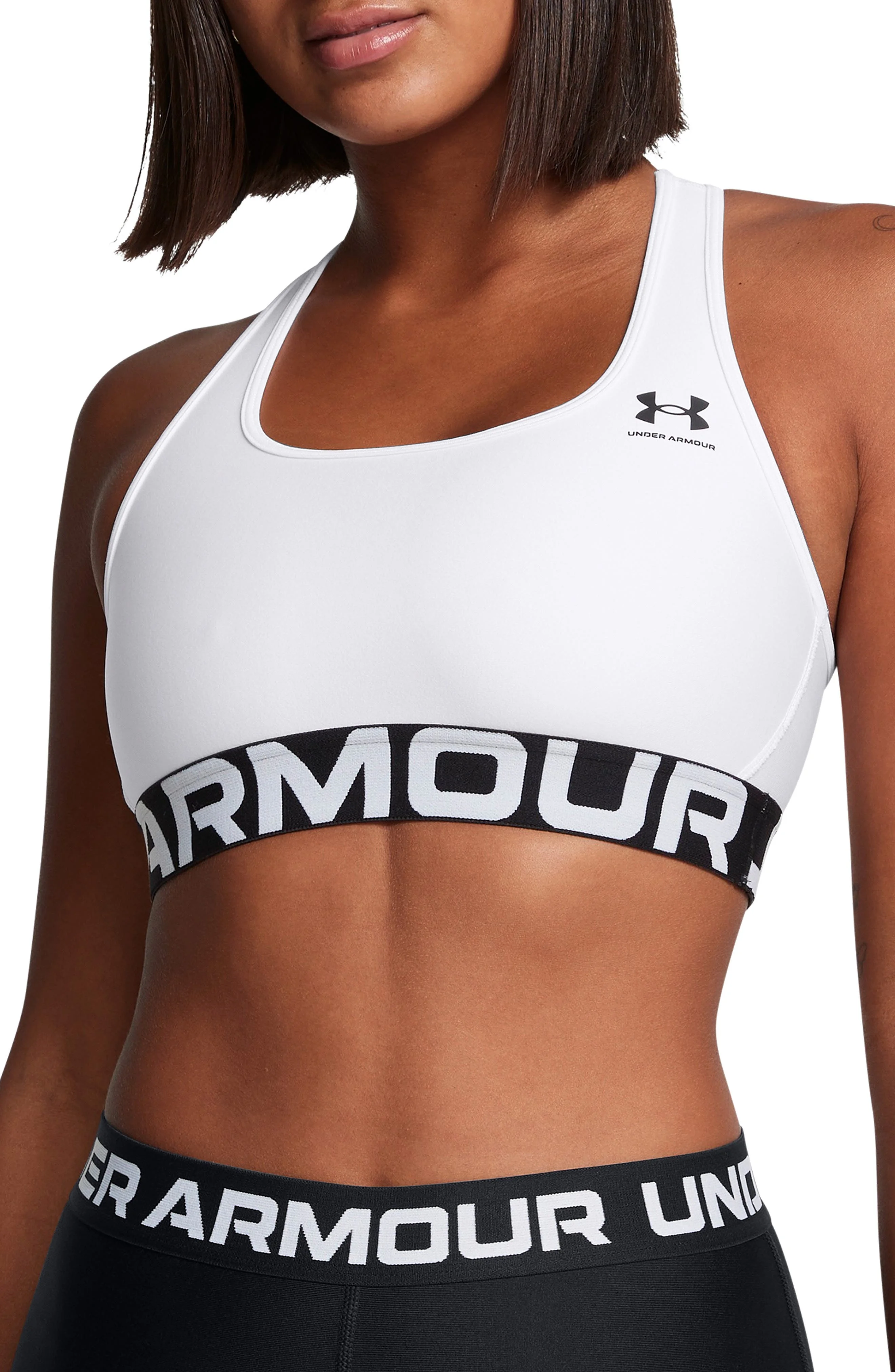 Under Armour HeatGear® Mid Racerback Logo Jacquard Sports Bra in White //Black at Nordstrom - 1