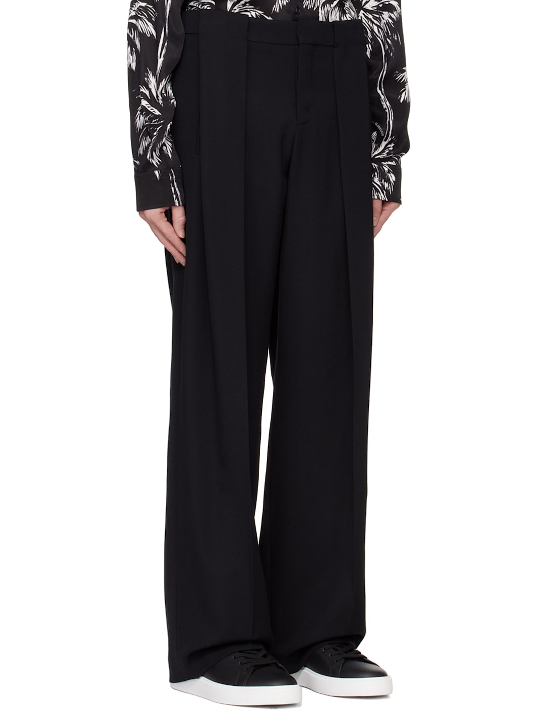 Black Pleated Grain De Poudre Trousers - 2