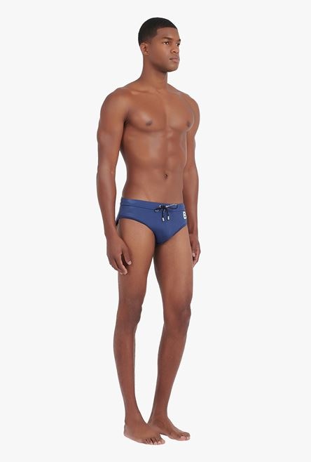 Navy blue swim briefs with embroidered Balmain logo - 7