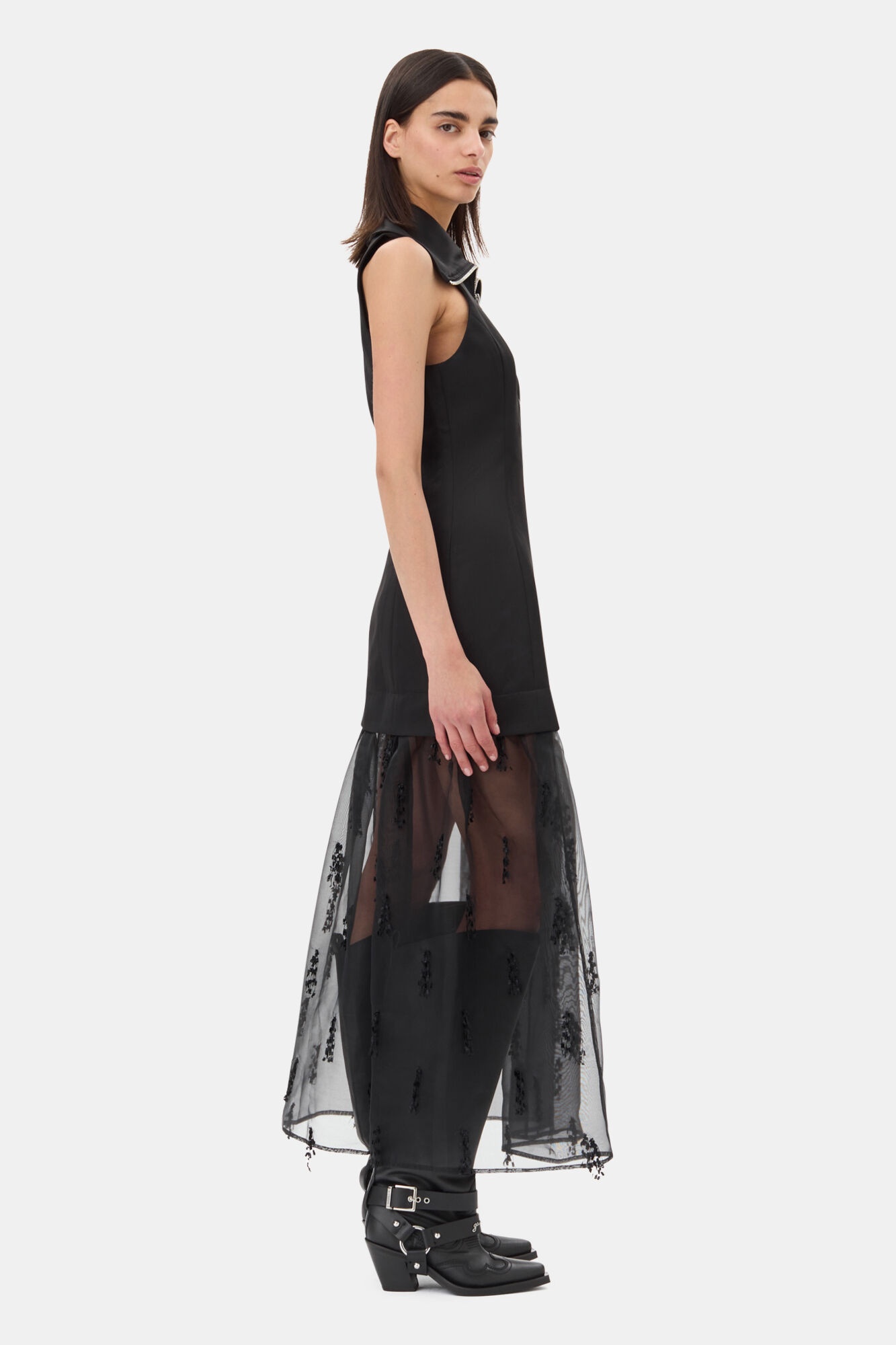 BLACK FRINGED ORGANZA LONG DRESS - 4