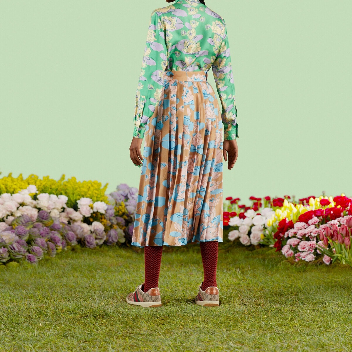 Waterlily print pleated silk skirt - 7