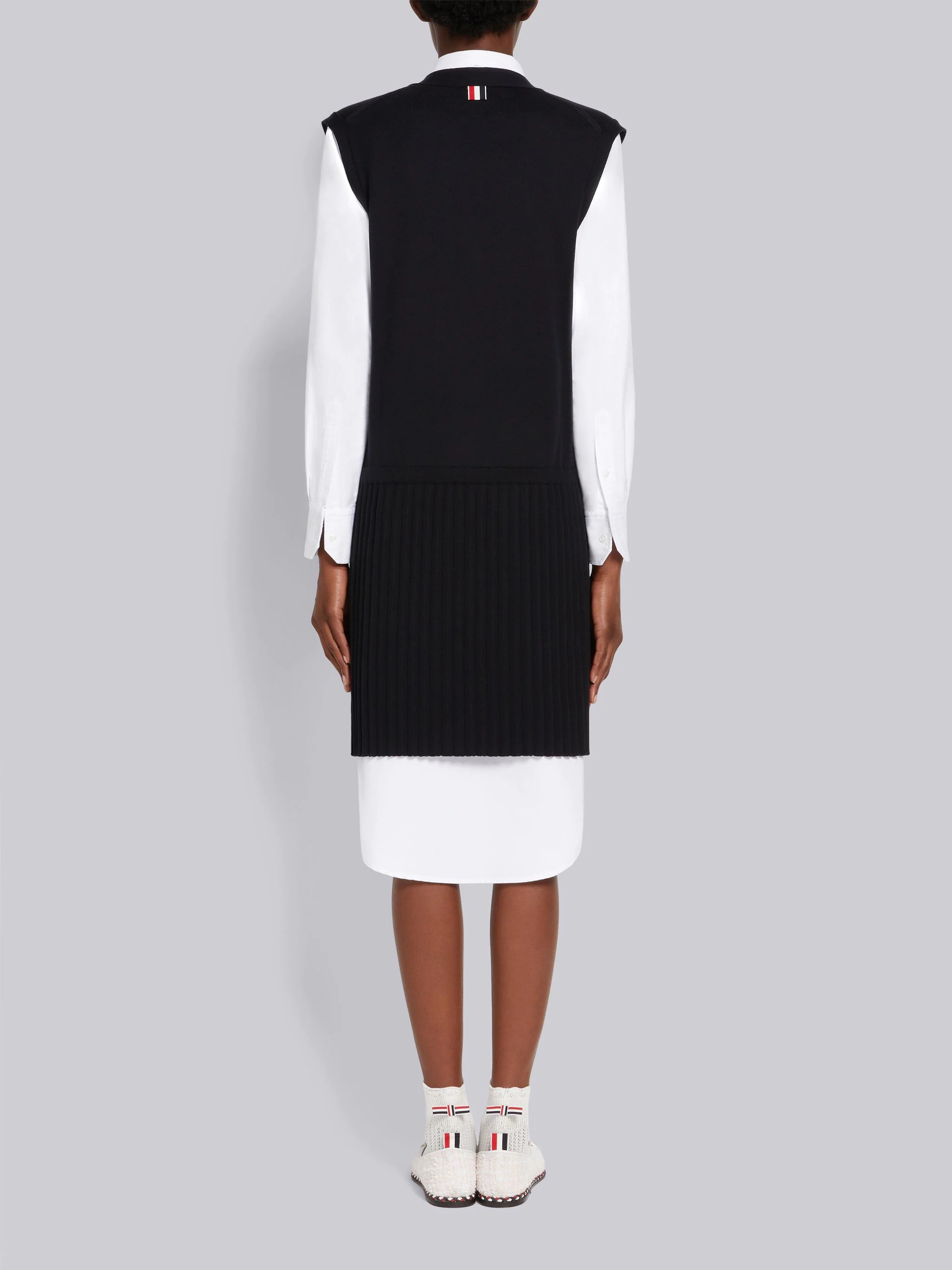 Navy Stretch Silk Cotton Jersey 4-Bar Trim Pleated Bottom Mini Vest Dress - 3