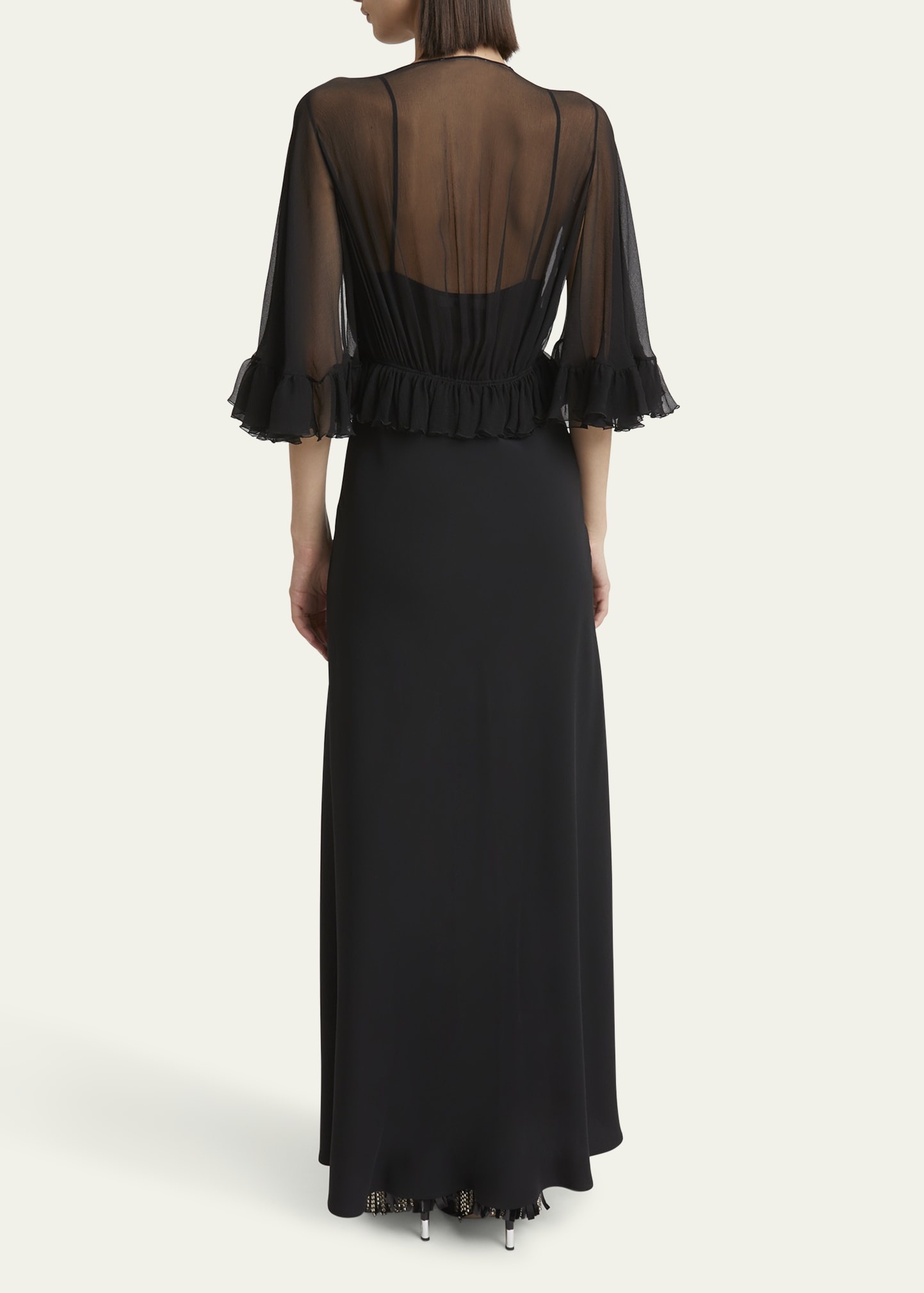 ワンピース CHLOE MAXI BLACK DRESS WITH LIGHTWEIGHT SILK RUFFLES Chloe Ruffle Shrug Silk Maxi Dress | Neiman Marcus