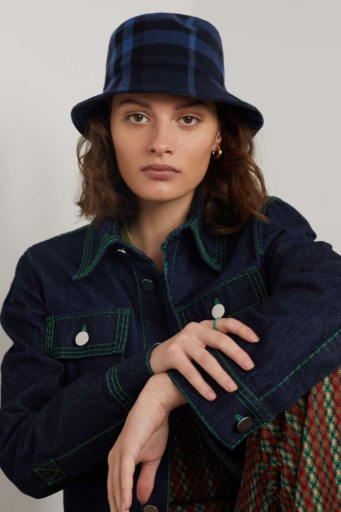 Leather-trimmed checked wool and cashmere-blend bucket hat - 2