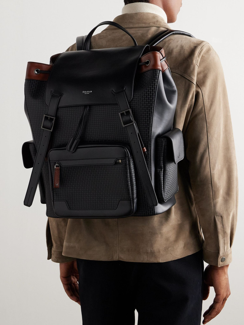 Serapian Large Logo-Embossed Coated-Canvas and Leather Backpack Black outlook