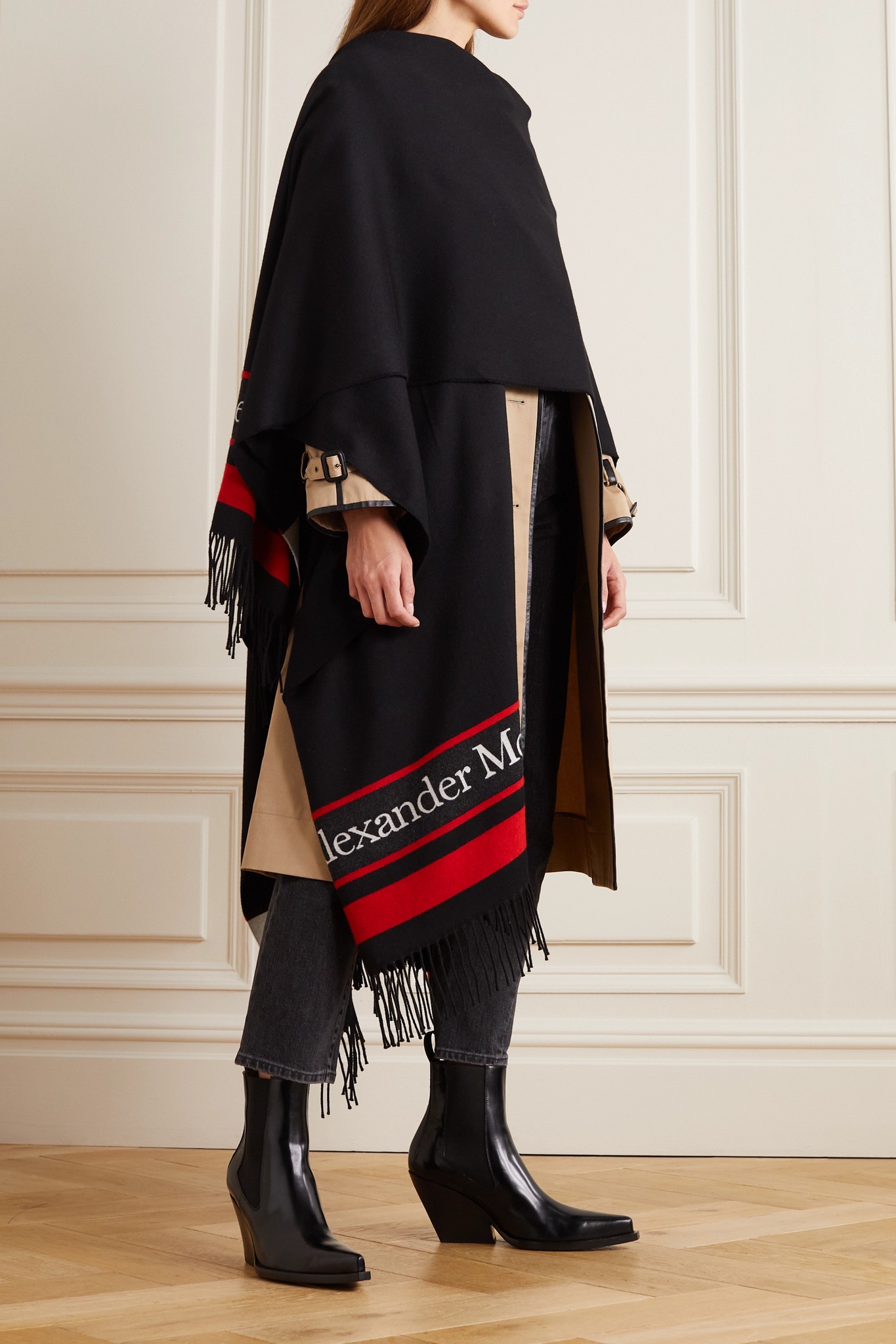 Oversized fringed wool and cashmere-blend jacquard cape - 4