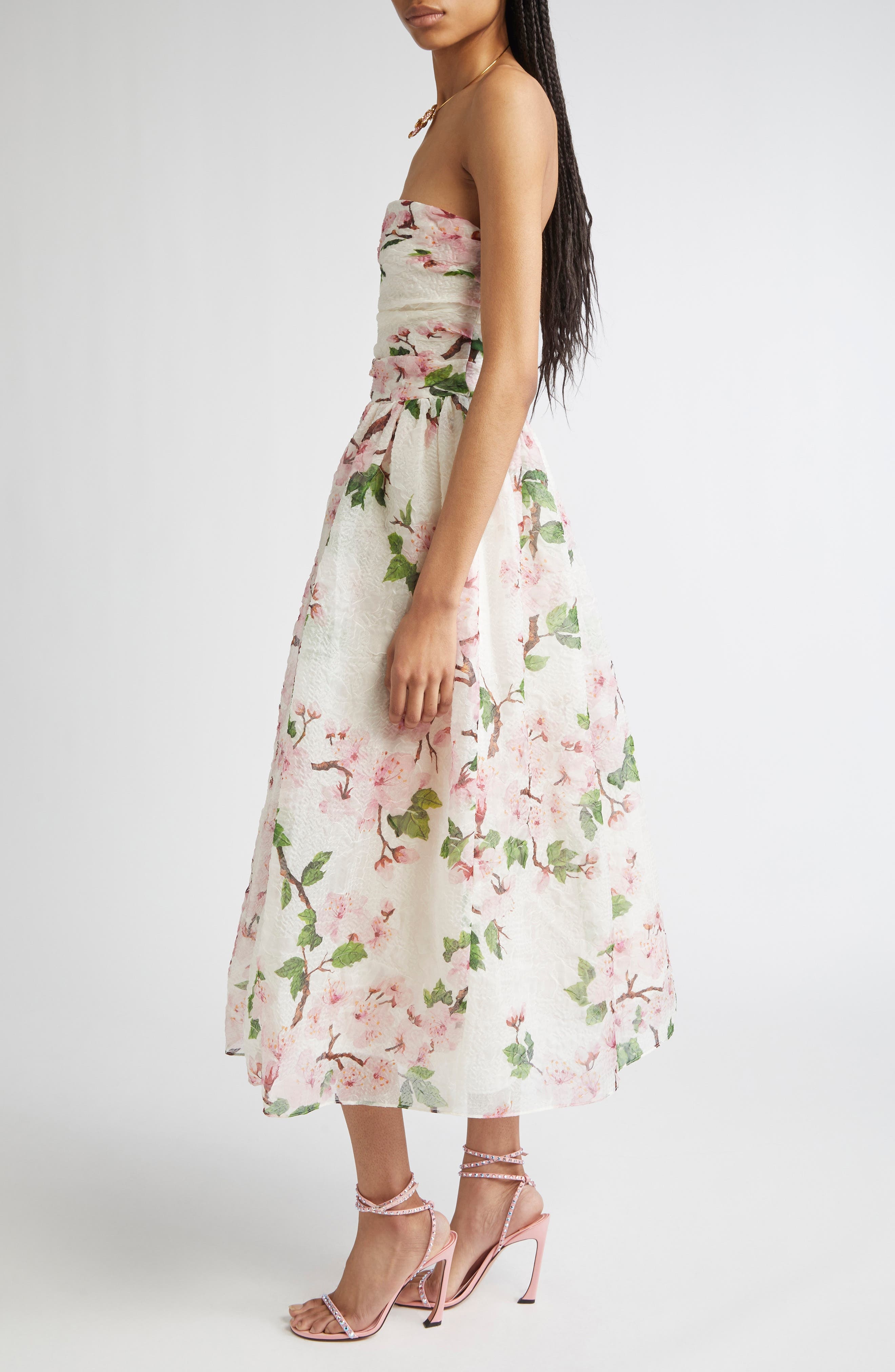 Oscar de la Renta Cherry Blossom Strapless Organdy Midi Dress in Pink/Ivory at Nordstrom - 3
