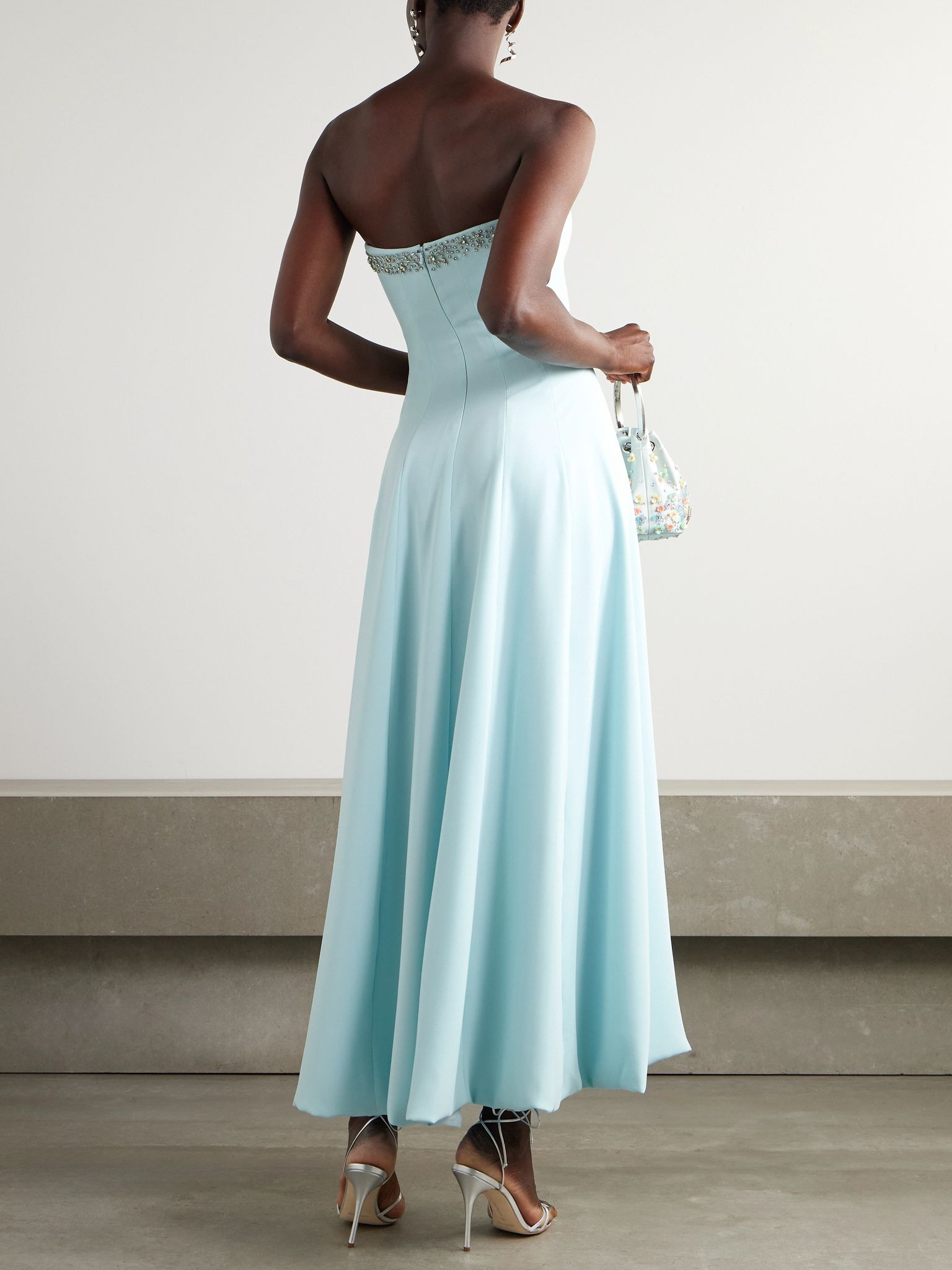 Aldina strapless pleated crystal-embellished crepe midi dress Blue - 3
