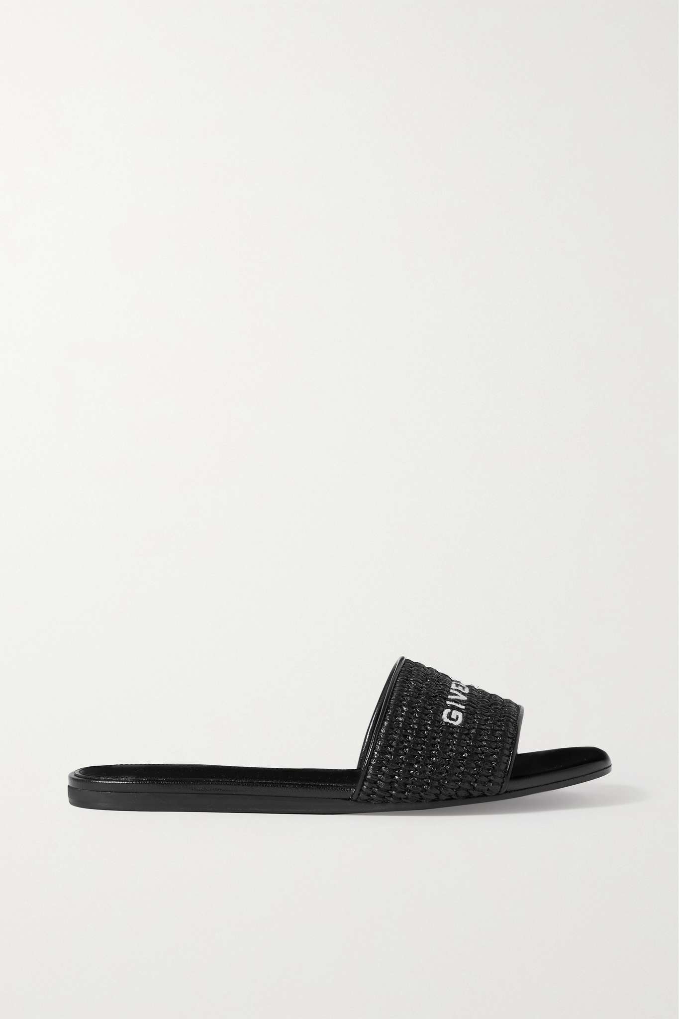 4G leather-trimmed embroidered raffia slides - 1