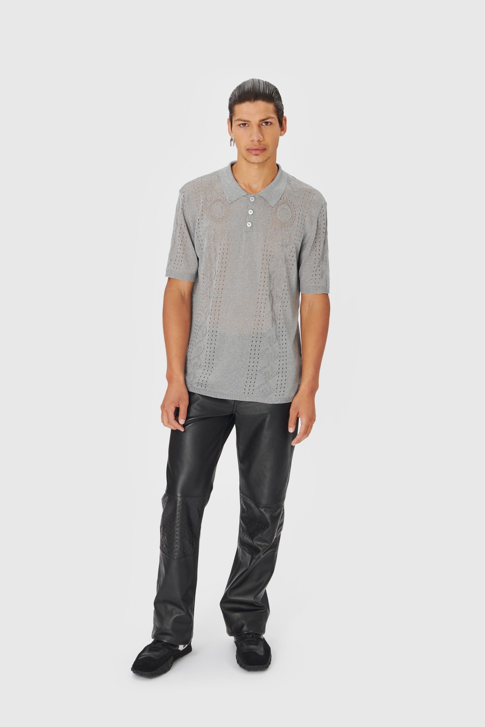 Metallic Pointelle Knit Polo Shirt - 2