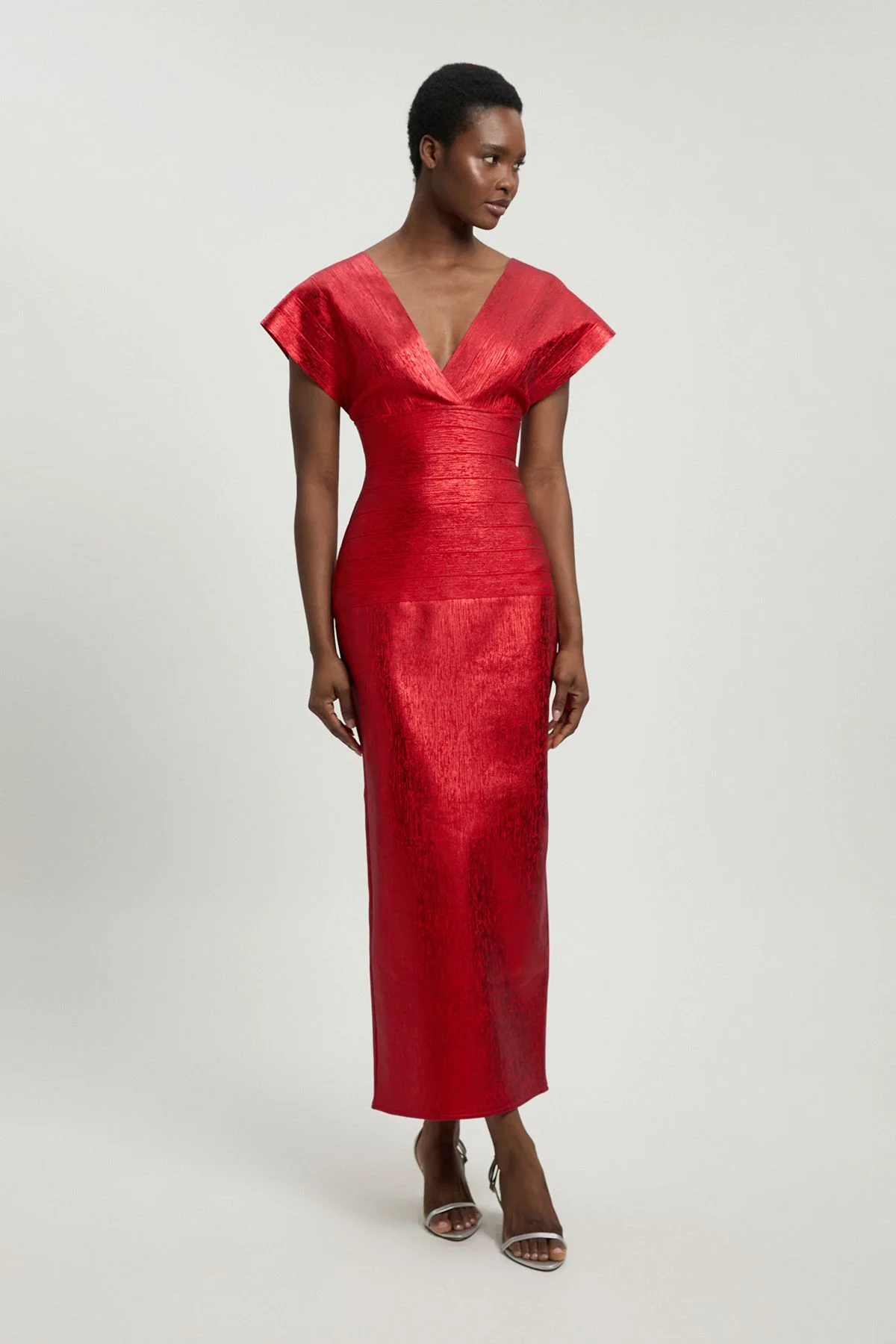 Foil Metallic Figure Form Bandage Angel Sleeve Knit Maxi Dress - 1
