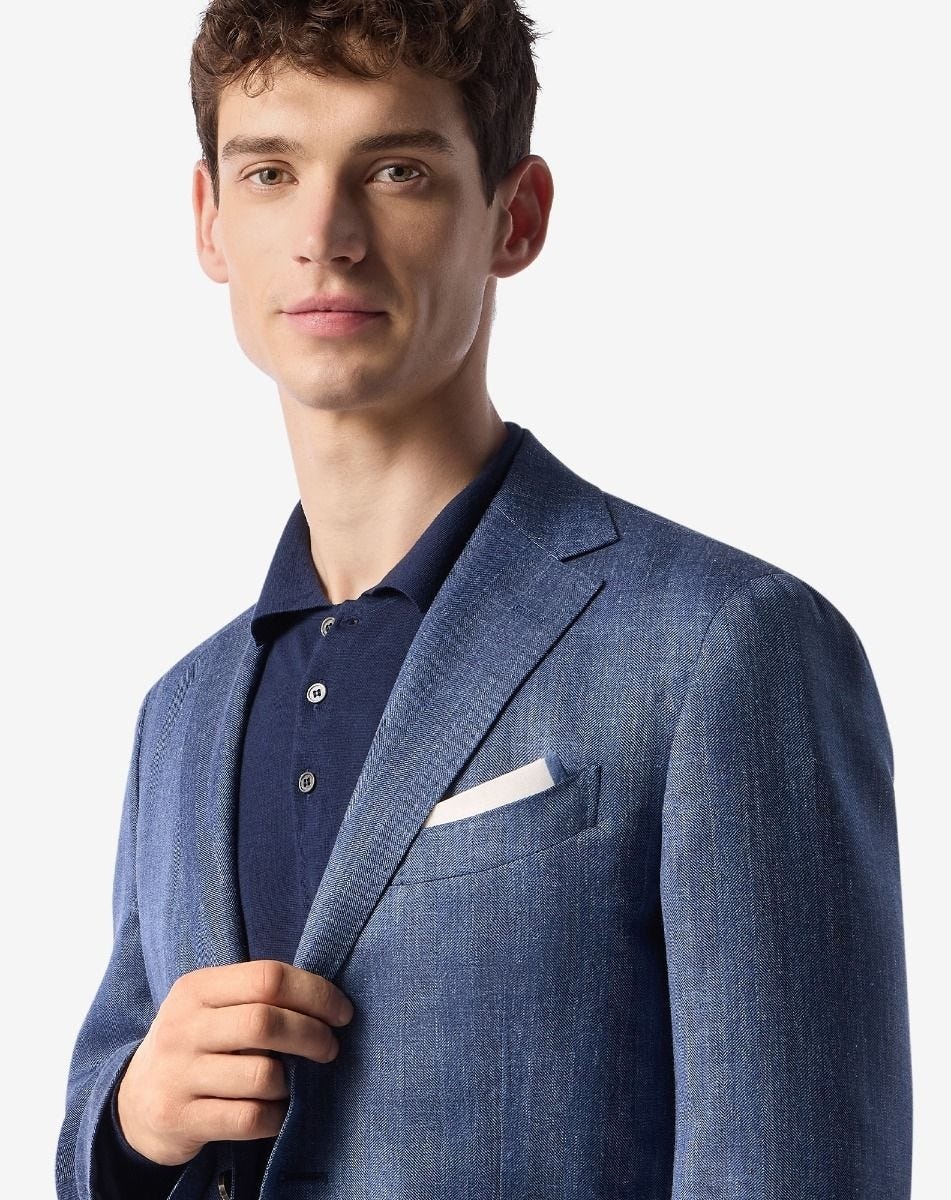 Denim blue/white pure linen pocket square - 2
