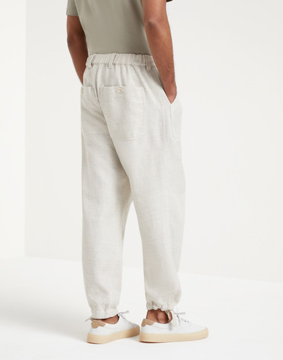 Brunello Cucinelli Linen, silk, virgin wool and cotton chevron relaxed fit trousers with patch pockets and drawstring outlook