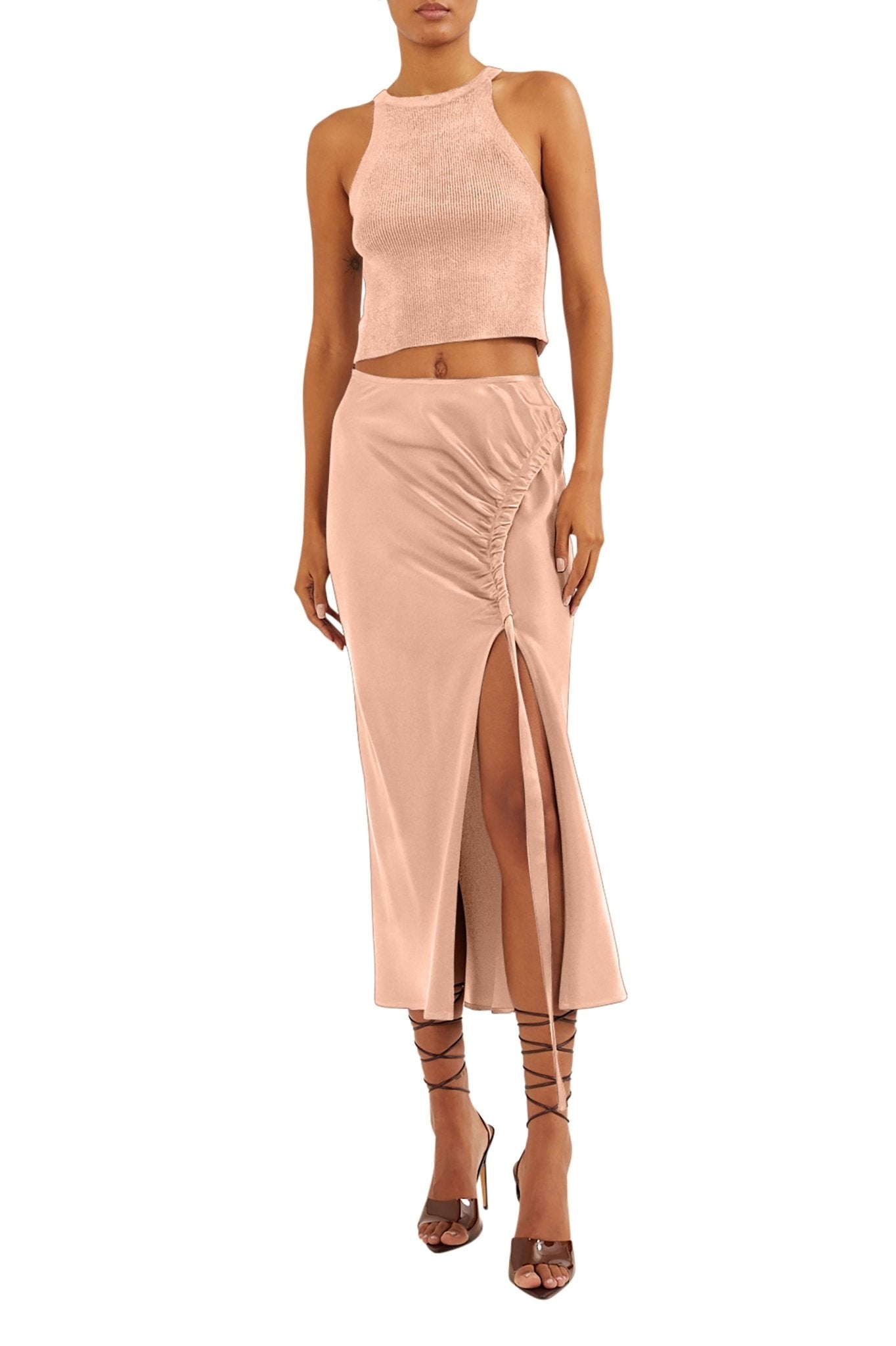 Satin Draped Tab Skirt With Slit - 1