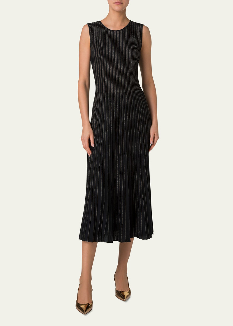 AKRIS Metallic Pinstripes Knit Sleeveless Midi Dress outlook