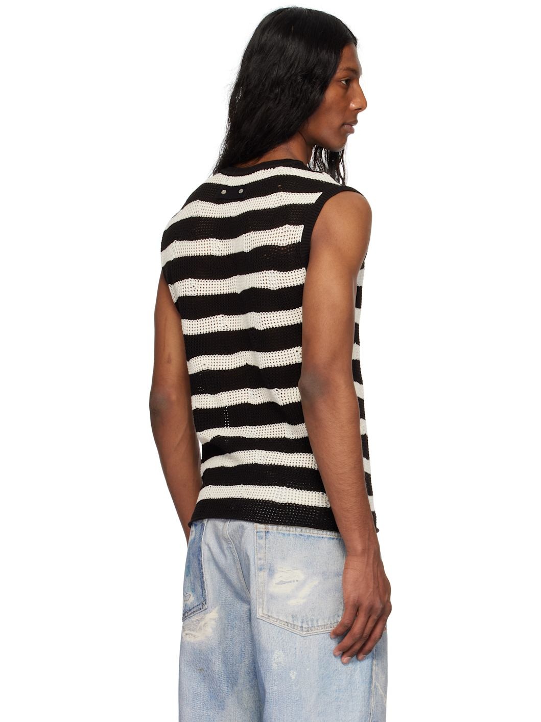 Black & Off-White Net Damaged Sleeveless Tank Top - 3