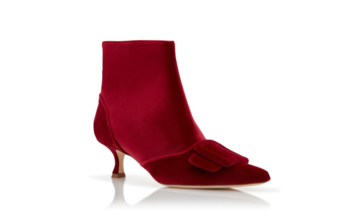 Red Velvet Buckle Detail Ankle Boots - 3