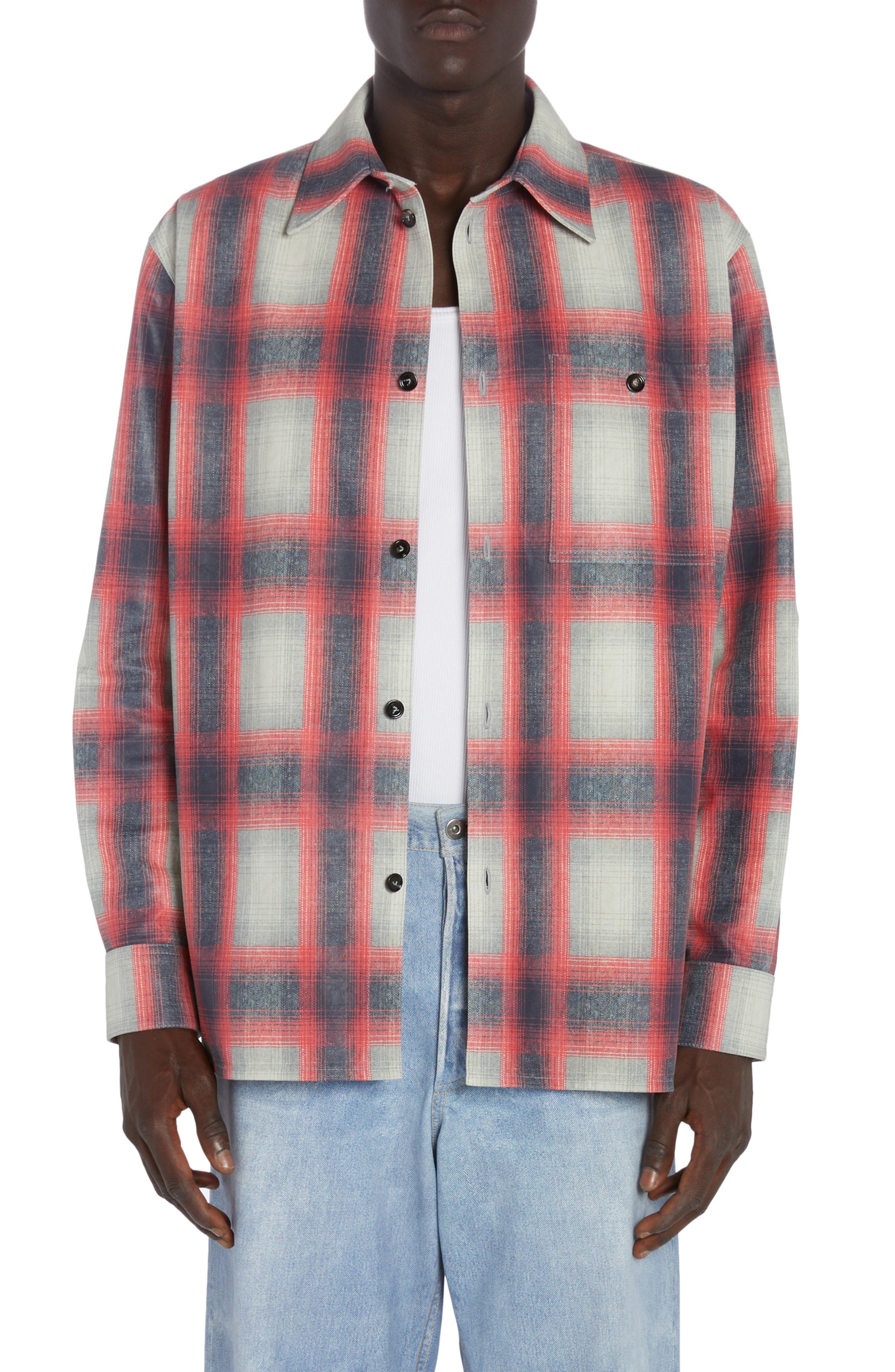 Bottega Veneta Check Print Leather Button-Up Shirt in Grey/Red/Black at Nordstrom - 1