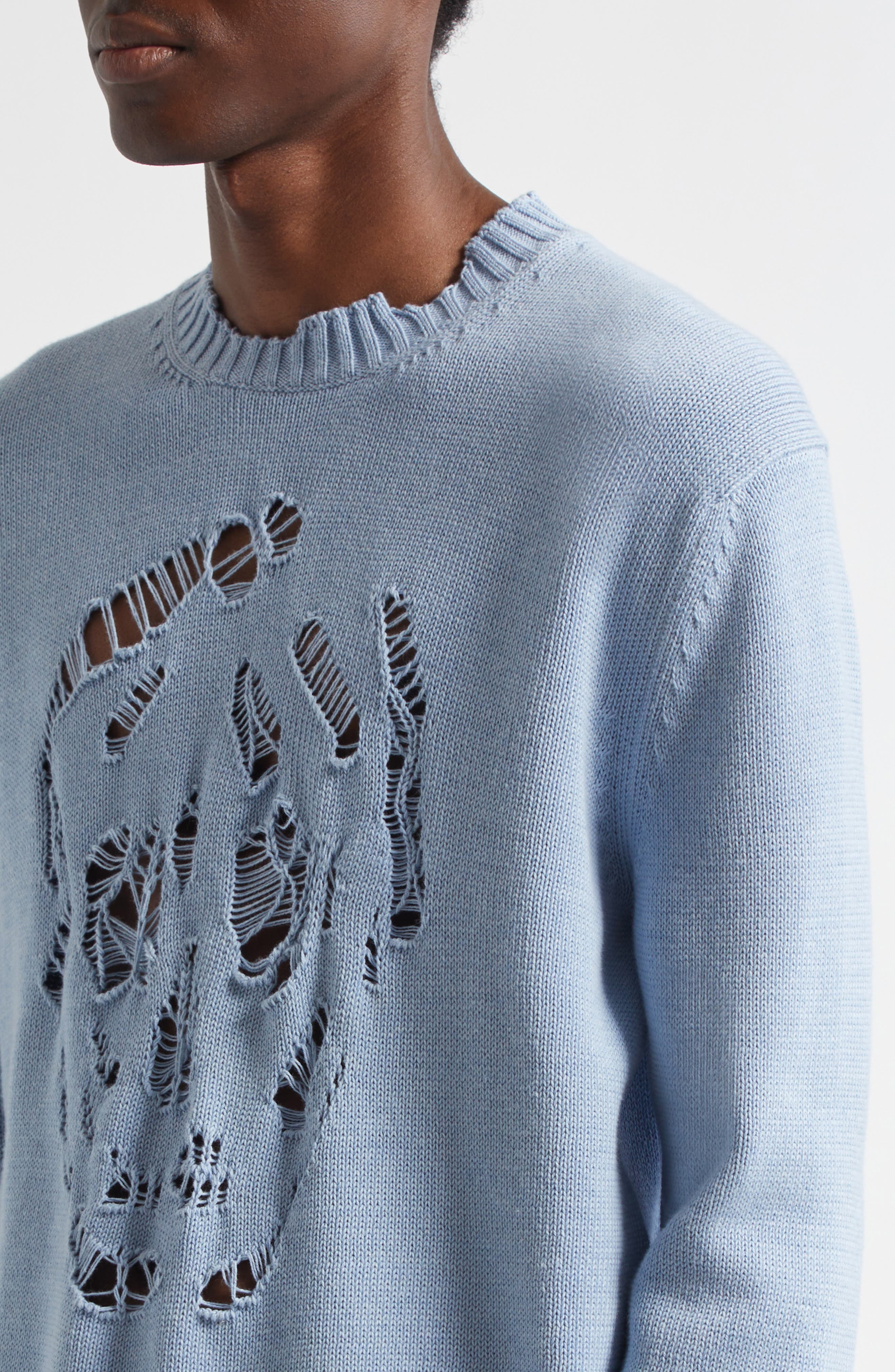 McQueen Distressed Skull Crewneck Sweater in Shirting Blue at Nordstrom - 4