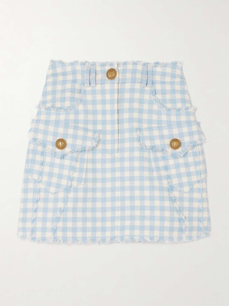 Button-embellished frayed gingham cotton-blend tweed mini skirt - 1