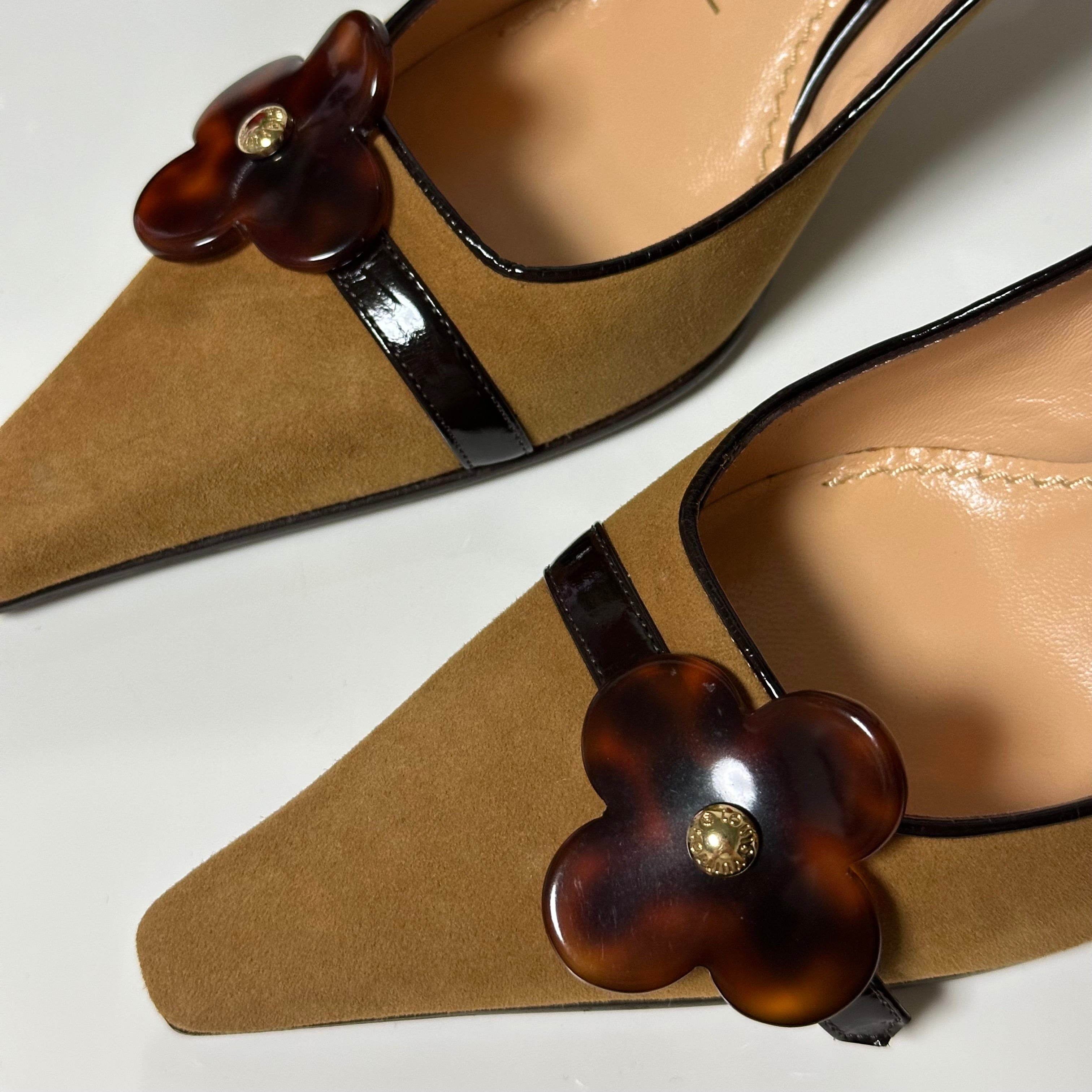 LOUIS VUITTON Tortoiseshell Flower Motif Suede Leather Slingback Sandals - 5