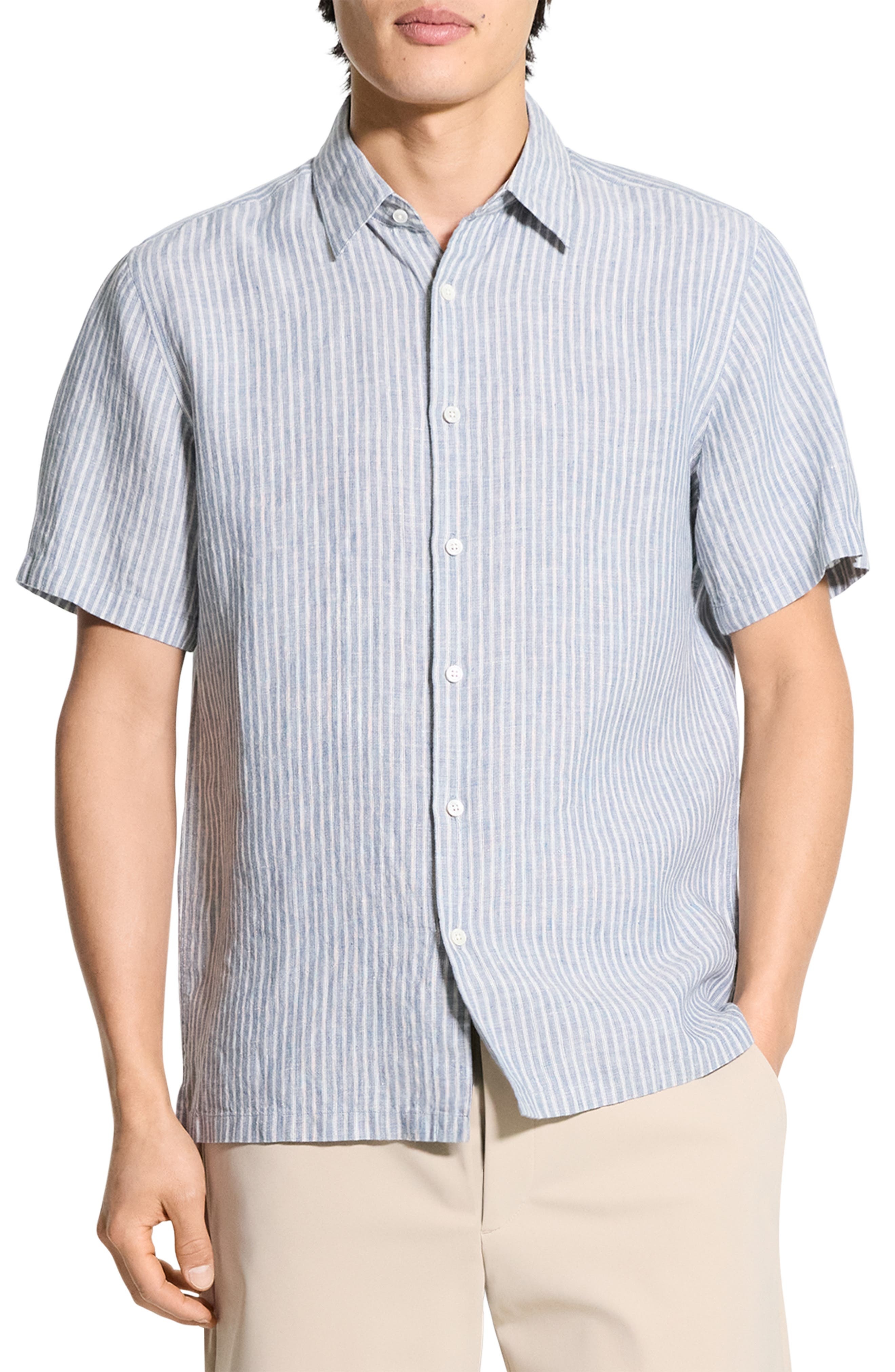 Theory Irving Stripe Short Sleeve Linen Button-Up Shirt in Dark Rainstorm/Eggshell at Nordstrom - 1