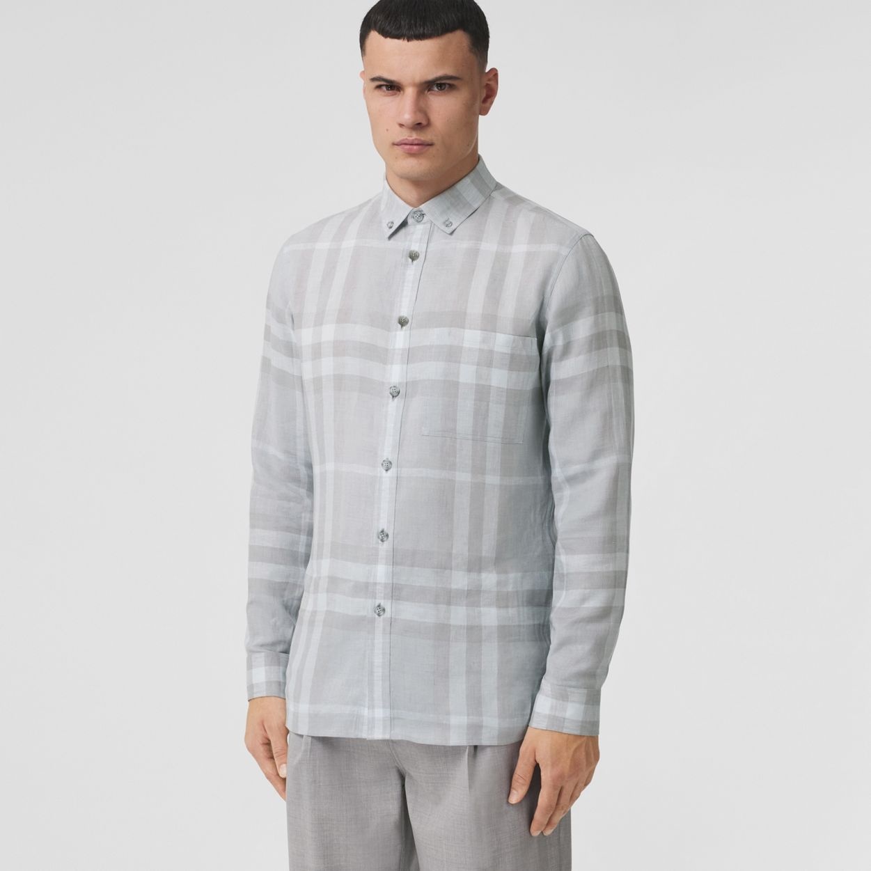 Button-down Collar Check Linen Shirt - 6