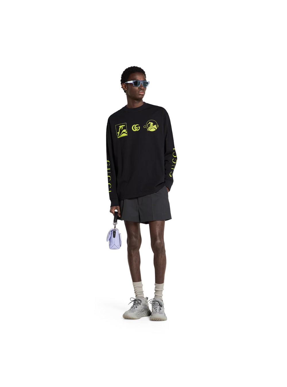Gucci Men Black Crewneck T-Shirt With All-Over Prints And Maxi Logo Lettering On The Sleeves In Cott - 4