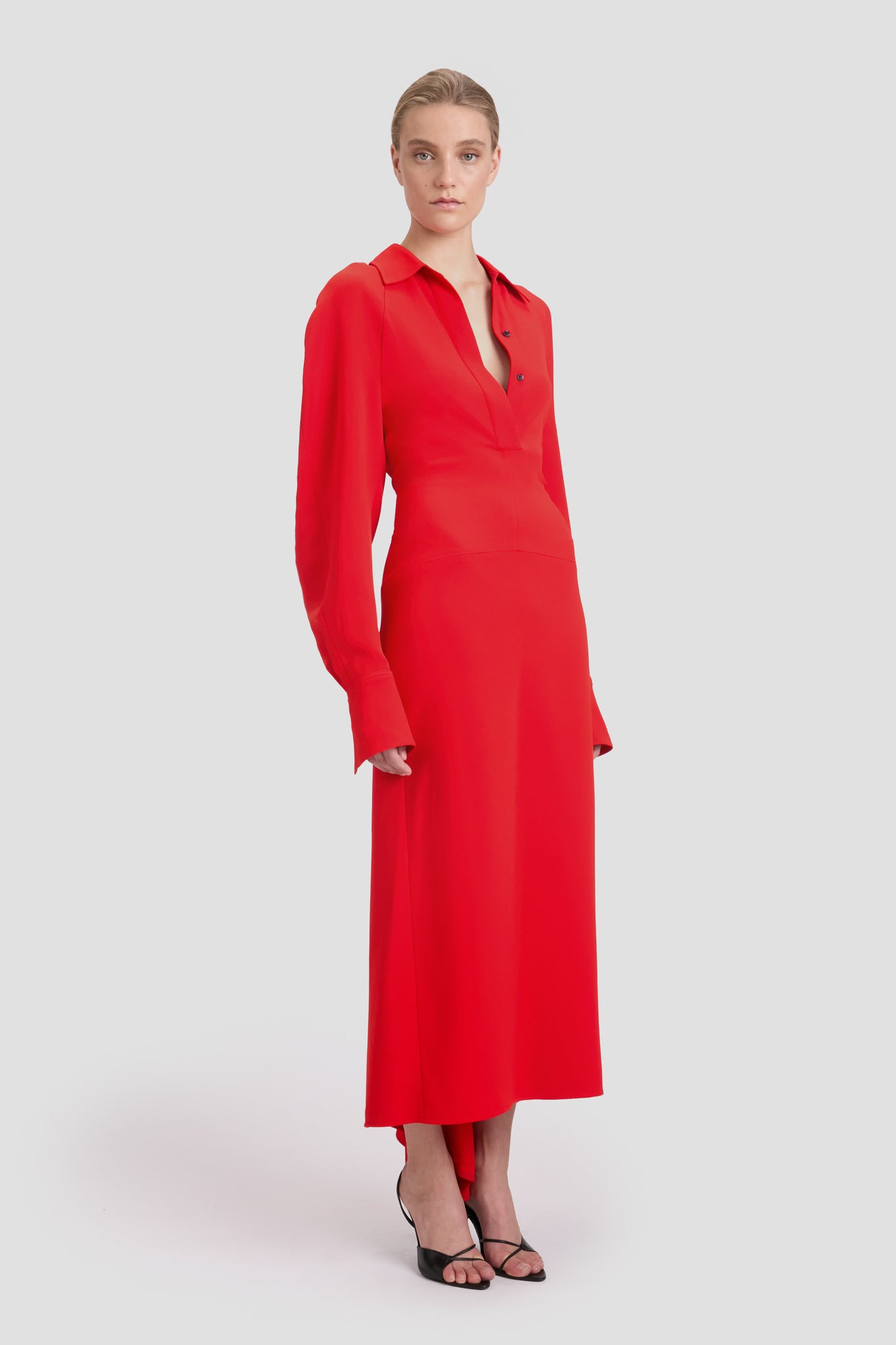 Long Sleeve Polo Collar Midi Dress In Tomato Red - 3