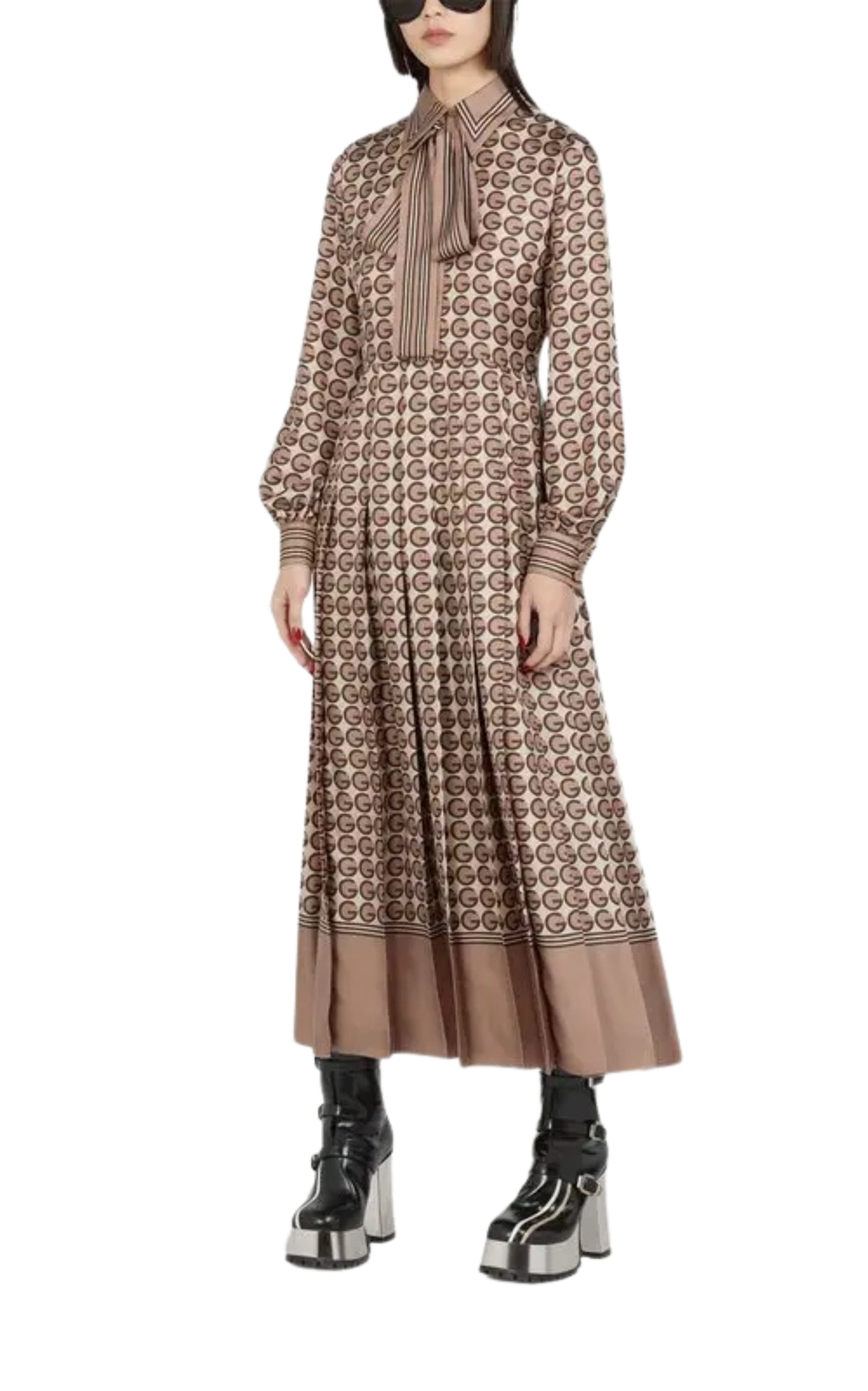 Round G Printed Silk Shirt Dress - 2