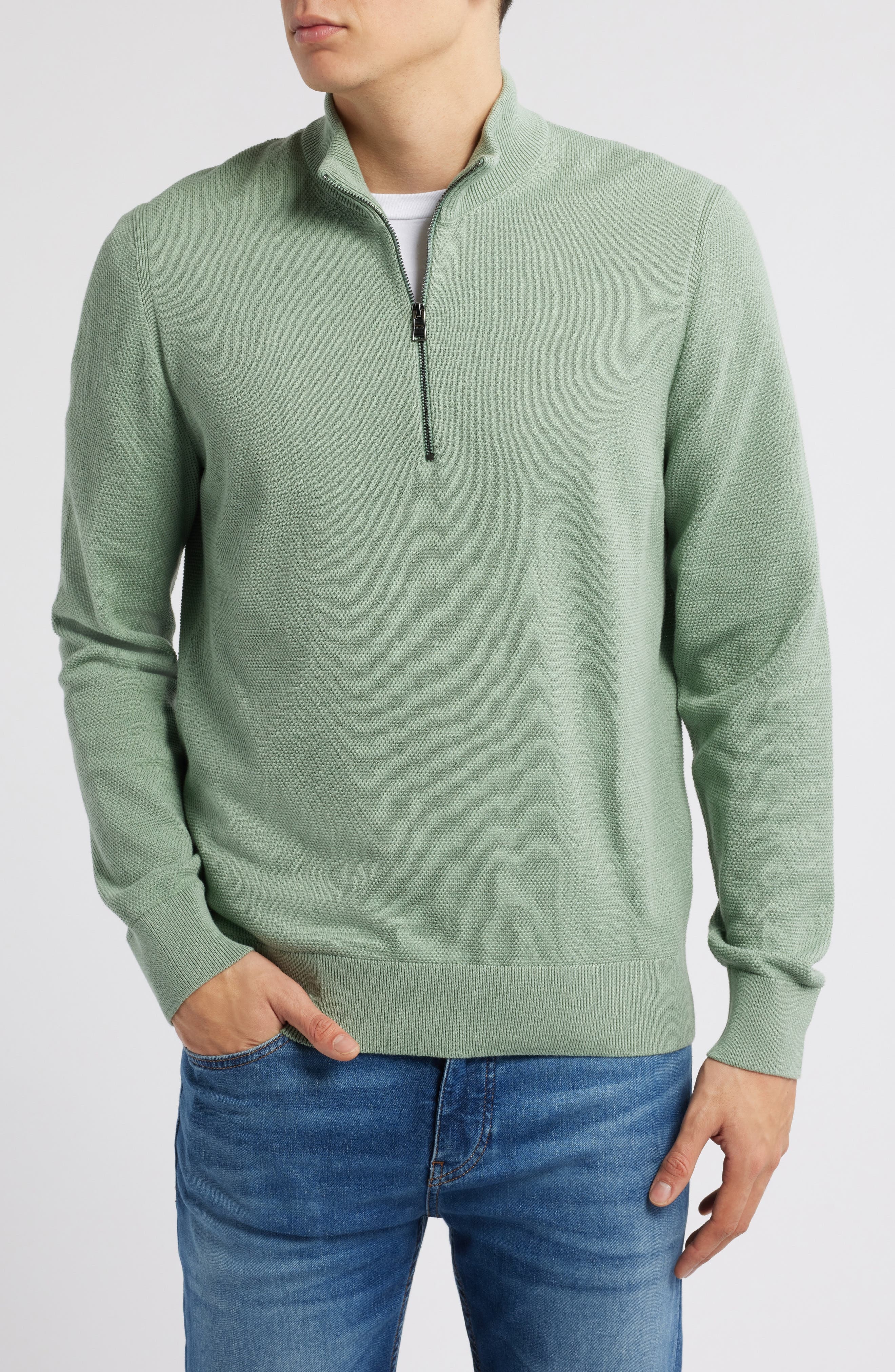 BOSS Ebrando Textured Cotton Half Zip Sweater in Light Green at Nordstrom - 1