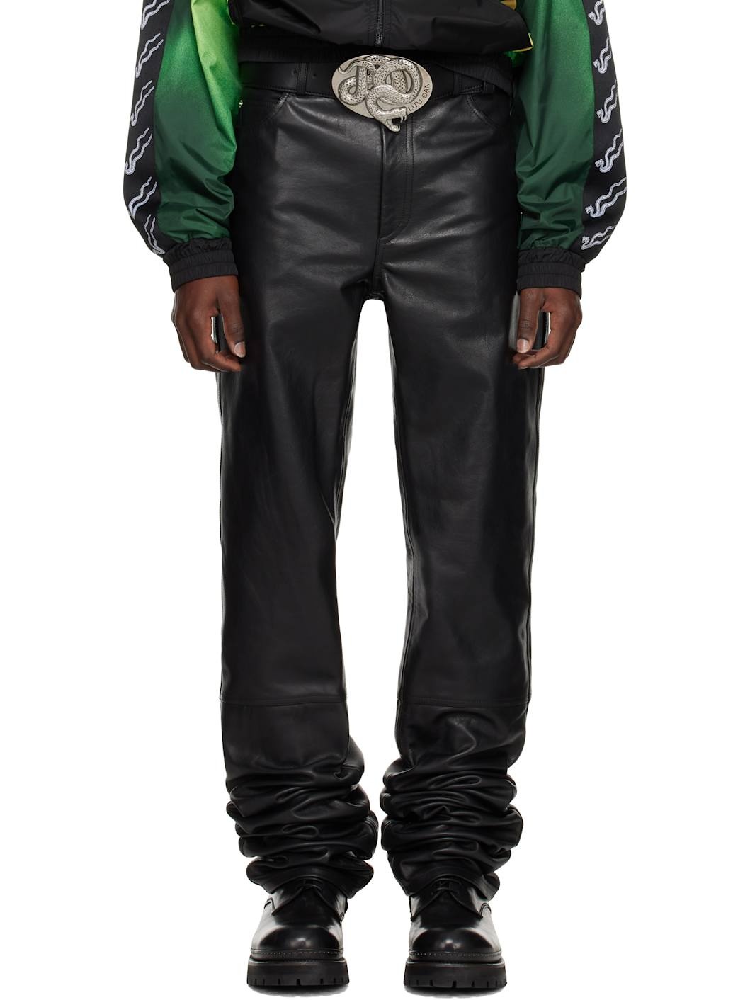 Black Stacked Straight Leg Leather Pants - 1