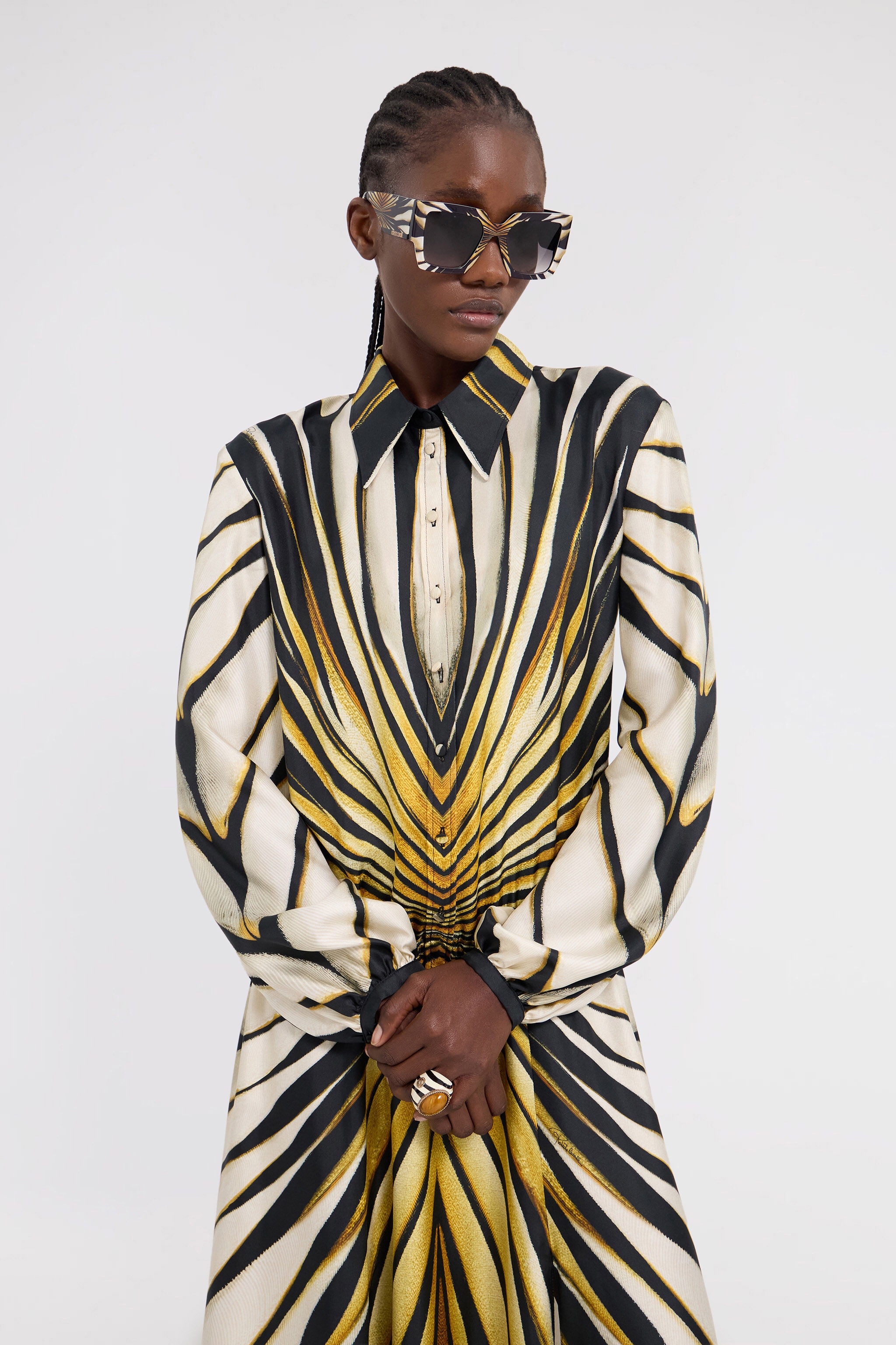 Ray Of Gold Print Silk Midi Dress - 6