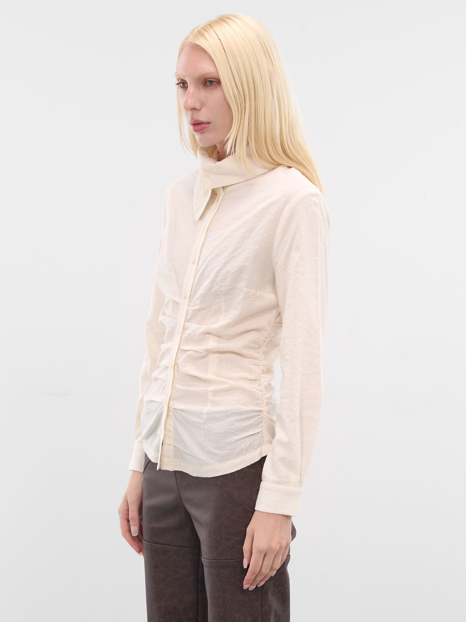 White Gathered Button-Up Shirt - 2